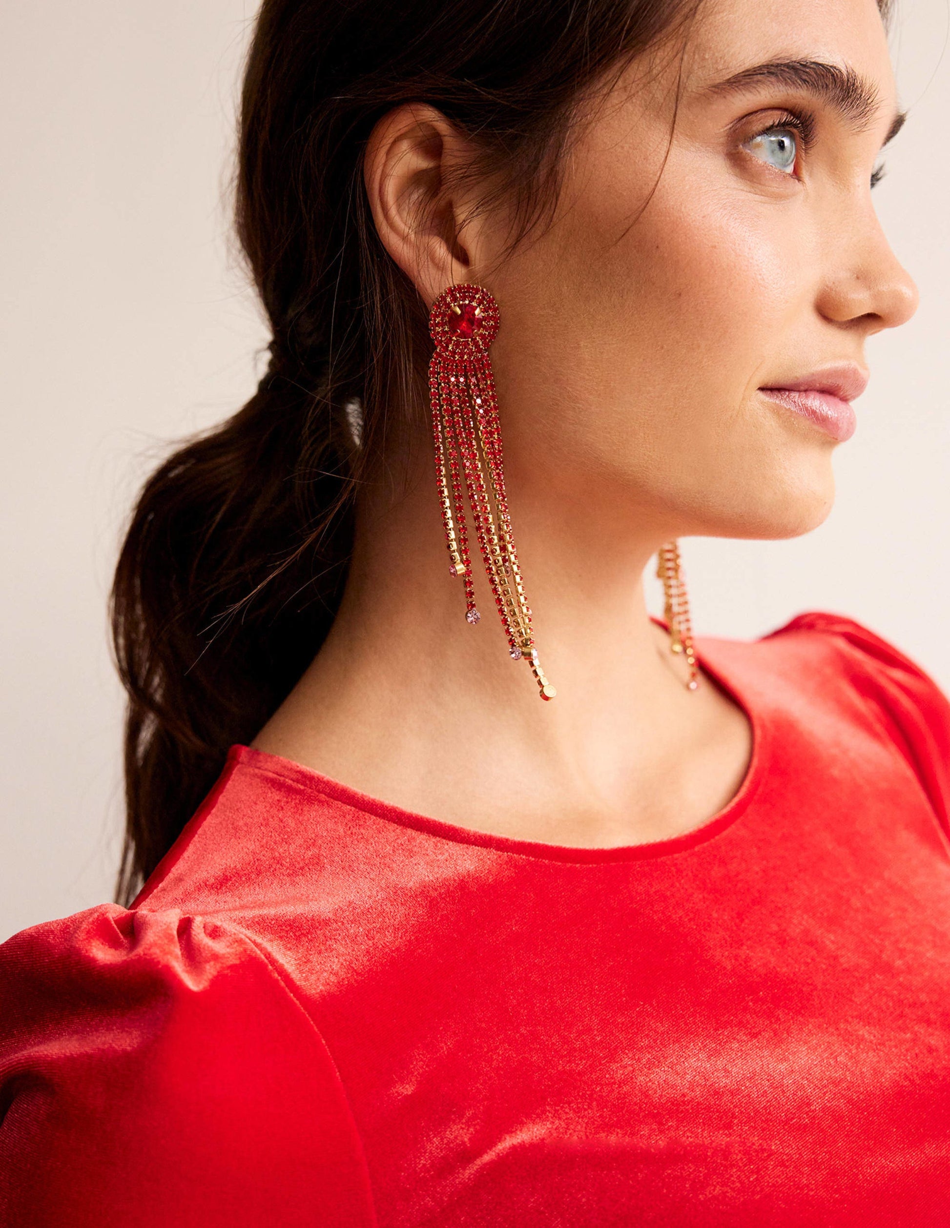 Jewelled Fringe Earrings-Red/Pink-1