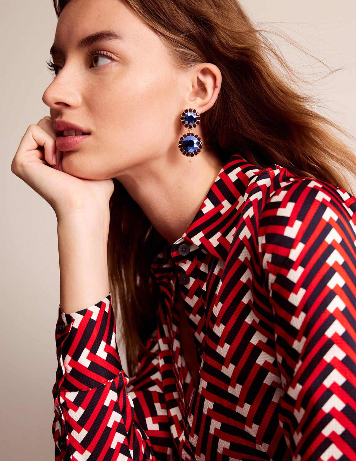 Embellished Flower Earrings-Red/Blue - Image 1