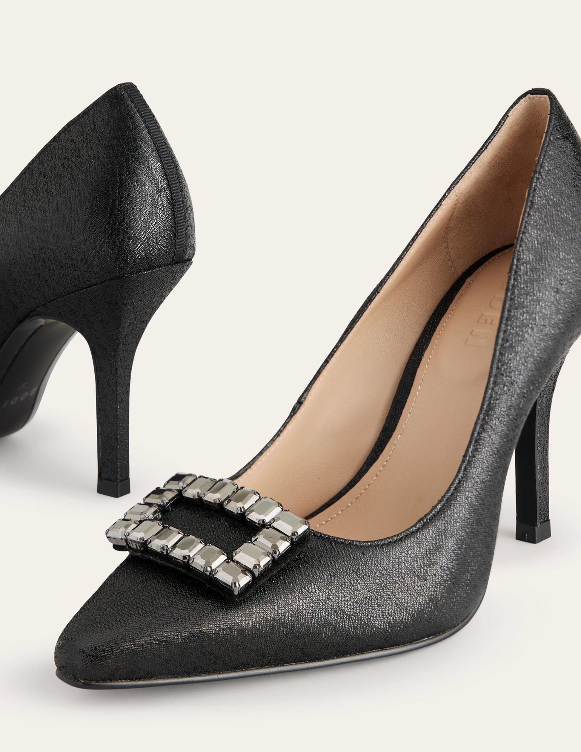 Jewelled Heeled Court Shoes-Black Metallic-4