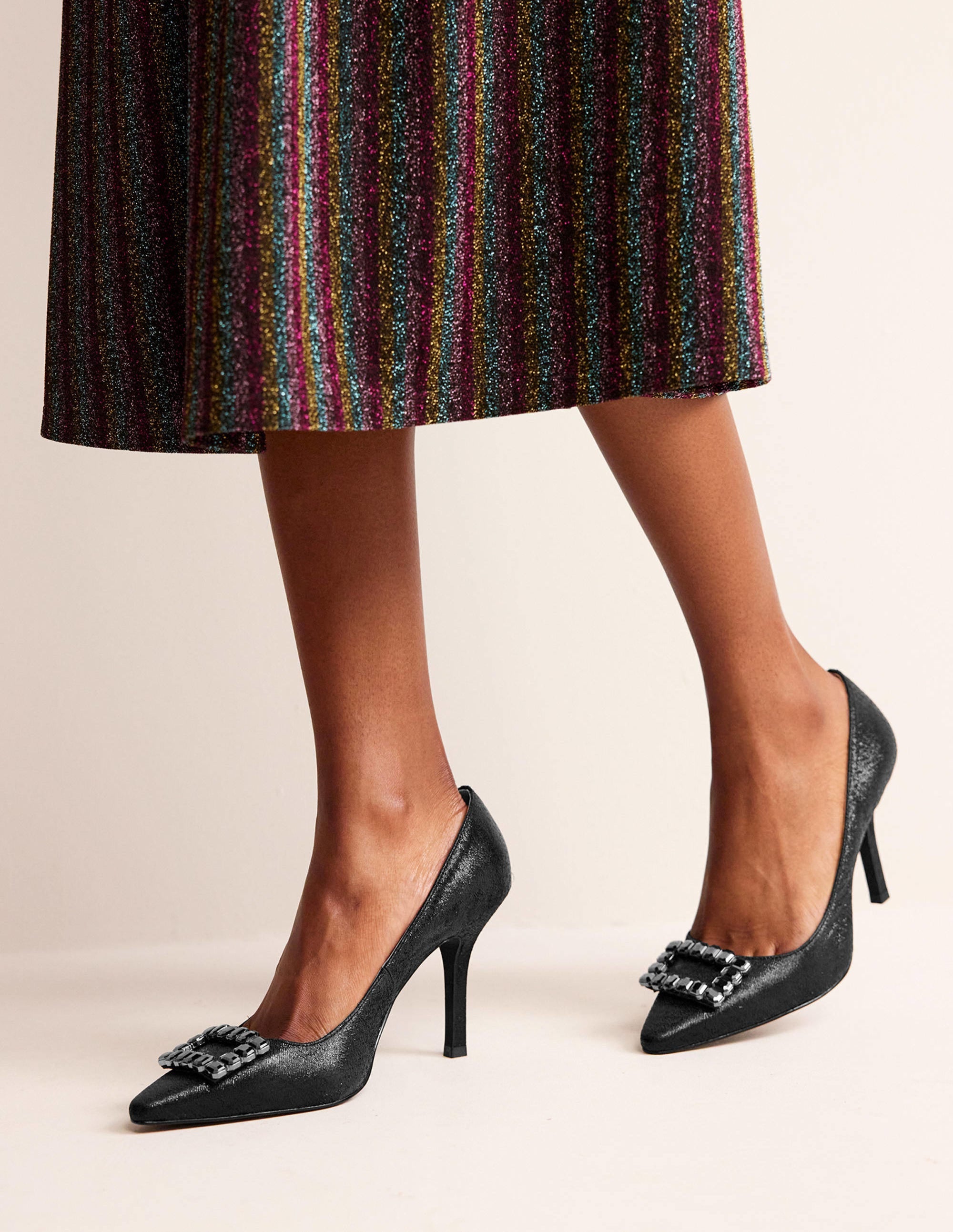 Jewelled Heeled Court Shoes-Black Metallic | Boden UK
