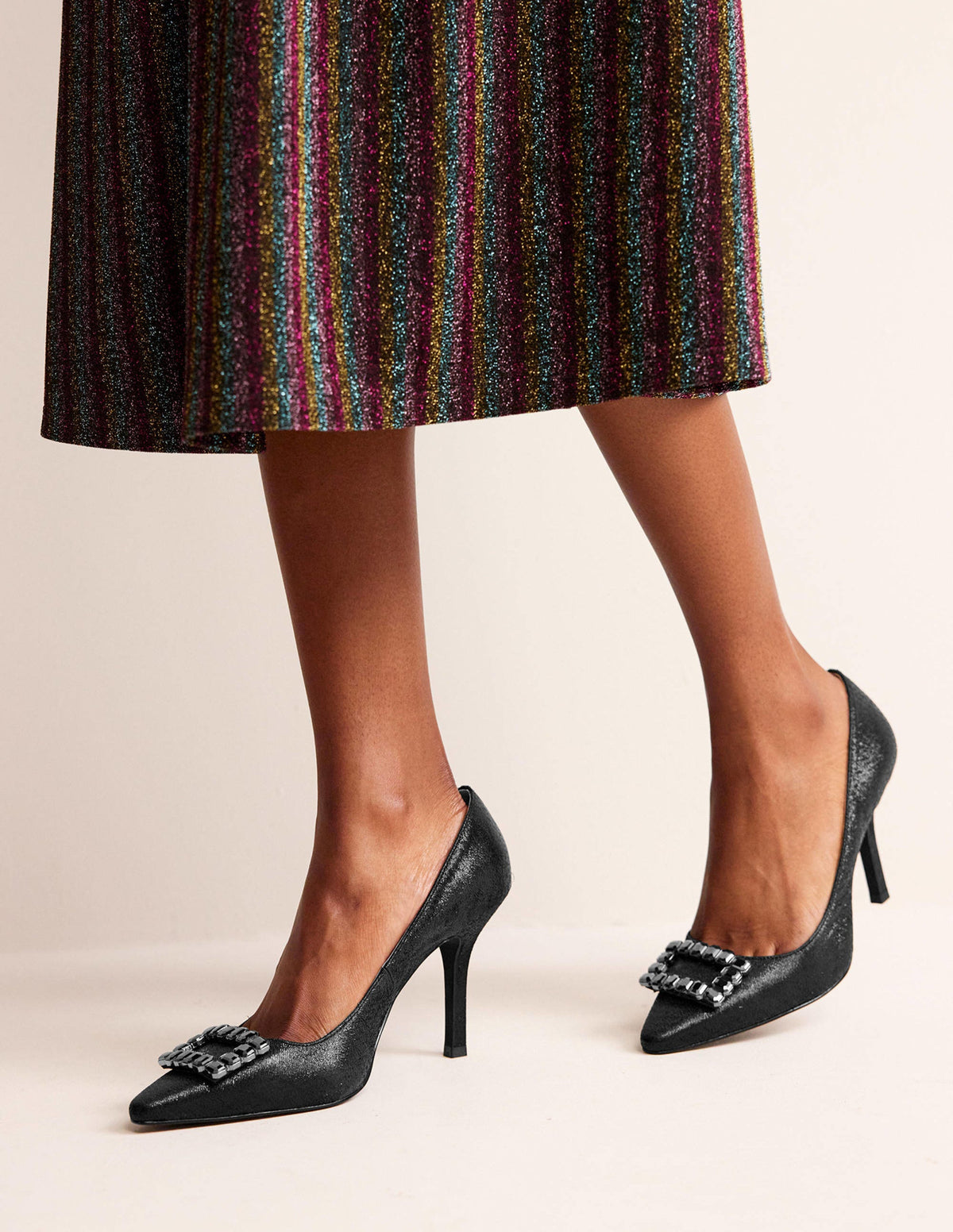 Jewelled Heeled Court Shoes-Black Metallic - Image 1