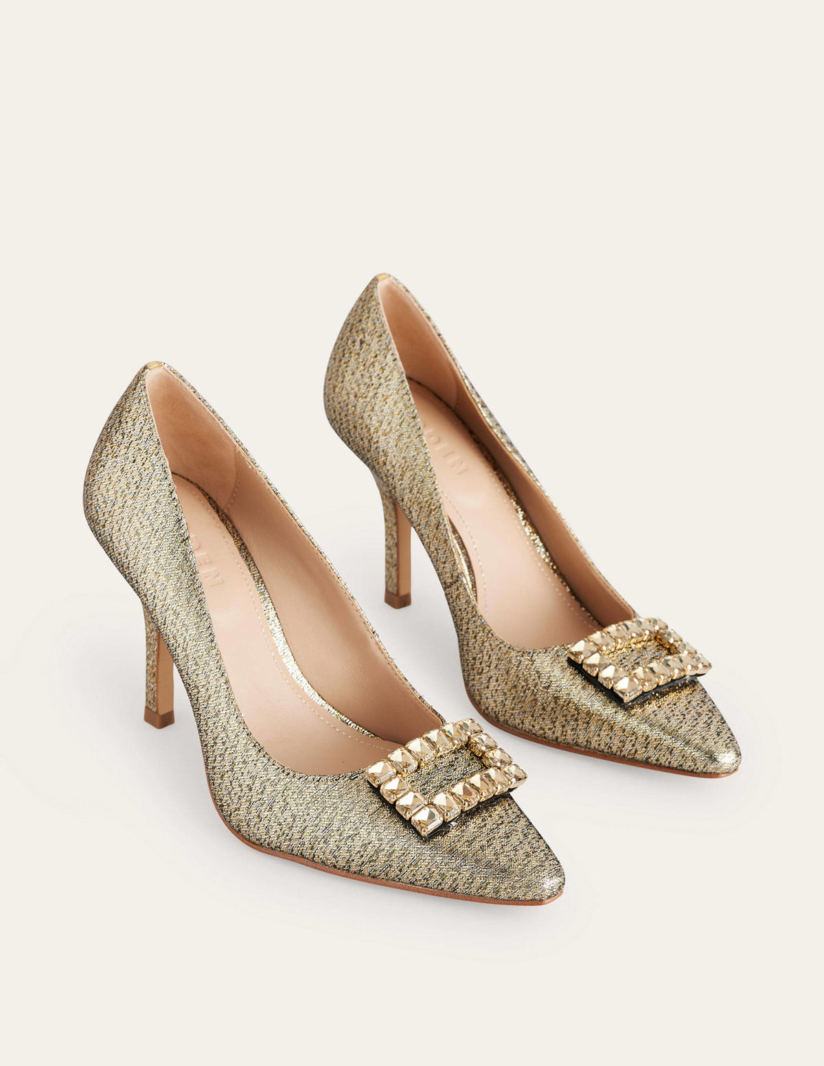 Jewelled Heeled Court Shoes-Gold Metallic-3