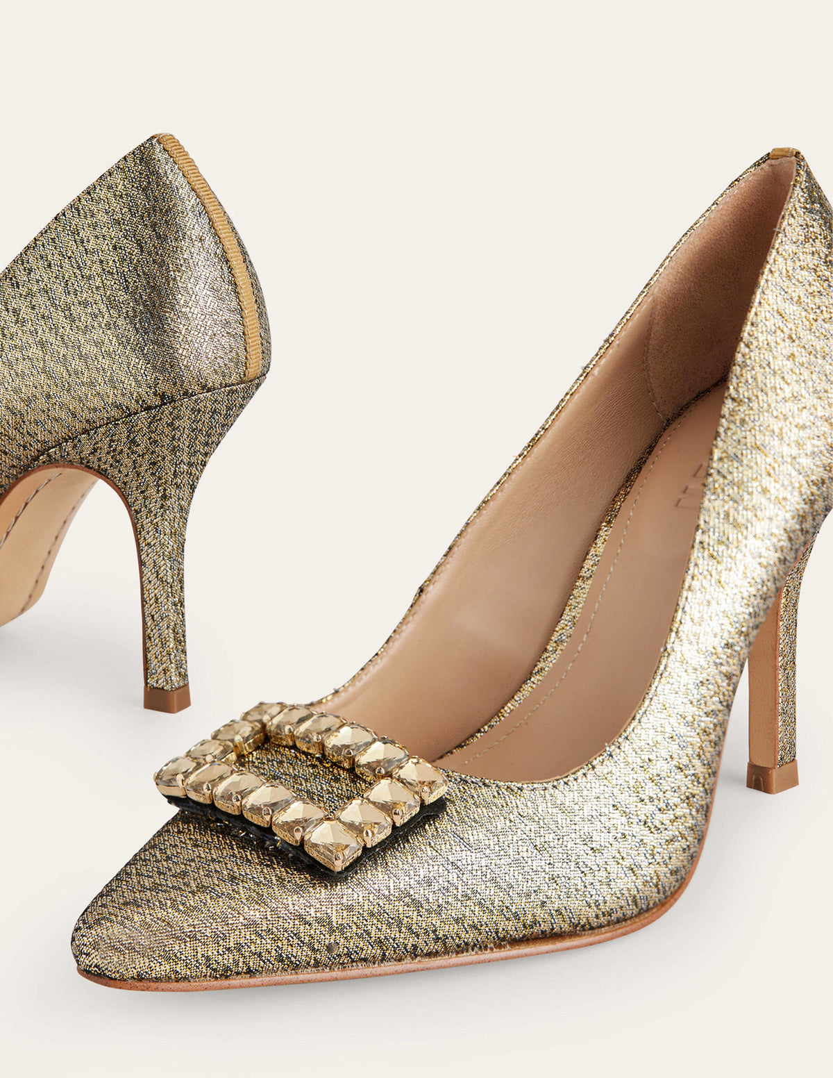 Jewelled Heeled Court Shoes-Gold Metallic-4