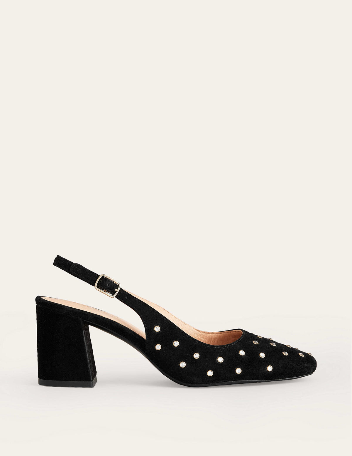 Slingback Mid-Heel Pumps-Black Suede, Crystals - Image 1