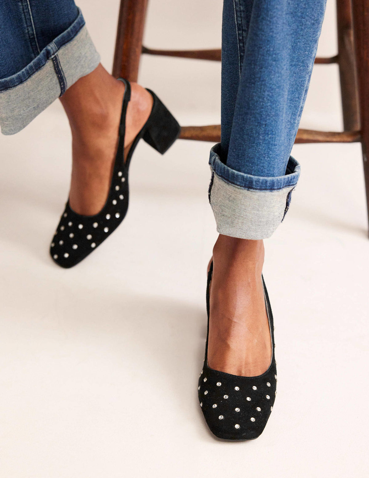 Slingback Mid-Heel Pumps-Black Suede, Crystals - Image 4