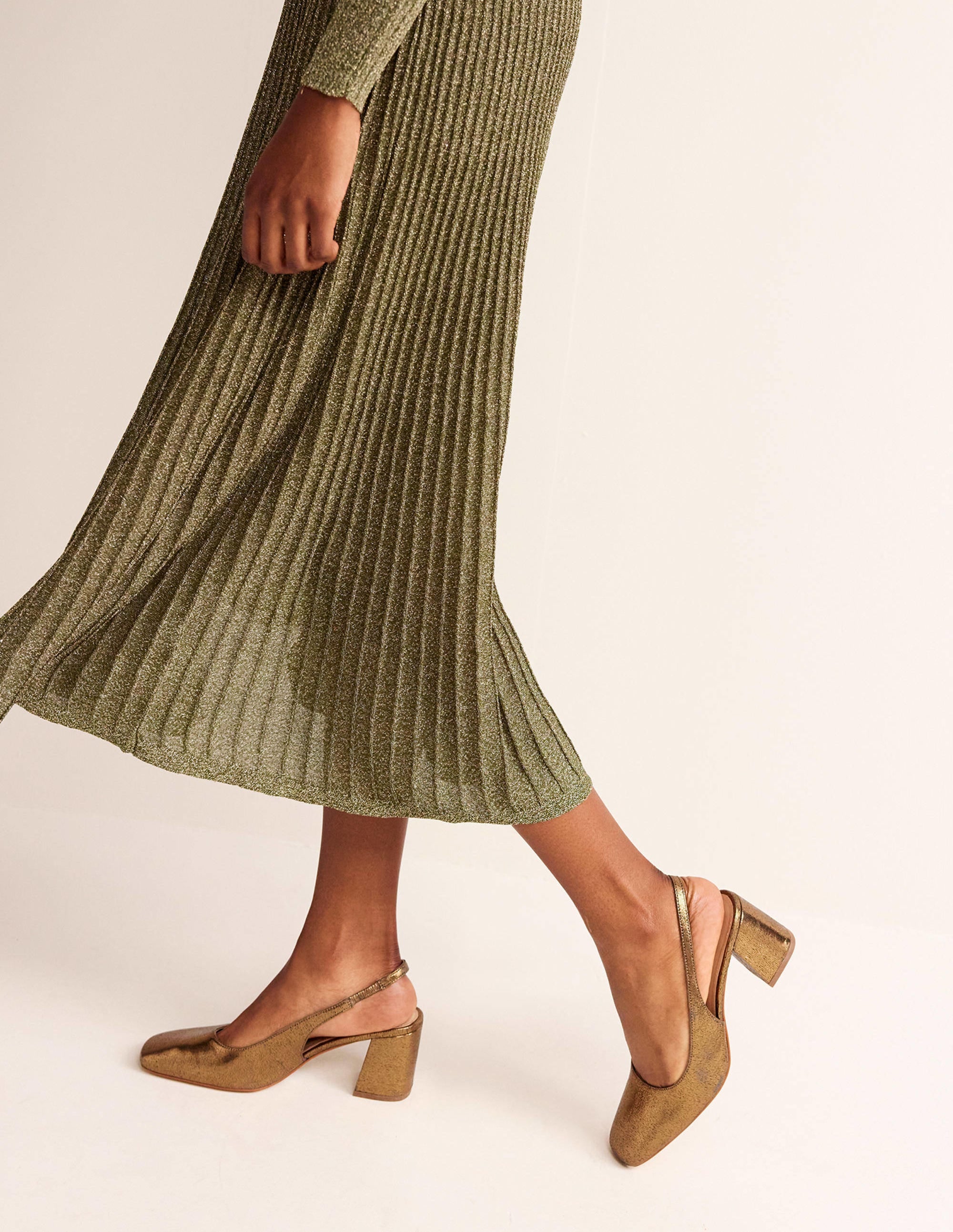 Slingback Mid-Heel Pumps-Gold Metallic Leather - Image 1