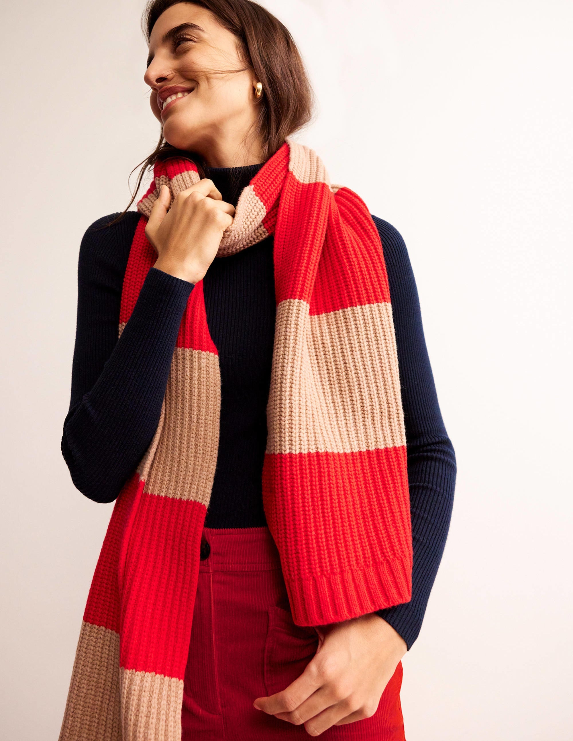 Colour Block Scarf-Brilliant Red/ Camel - Image 1