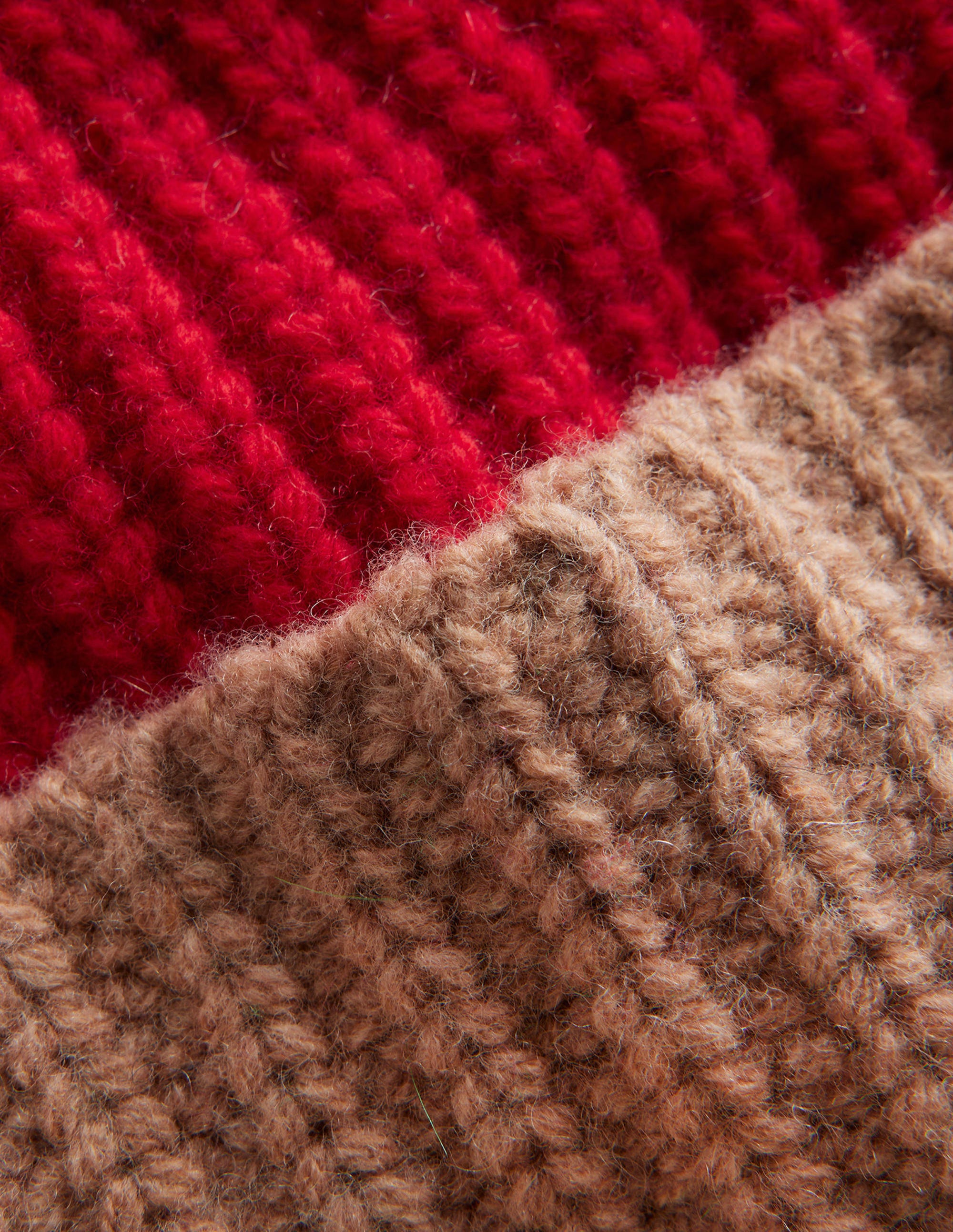 Colour Block Beanie Hat-Brilliant Red/ Camel - Image 3