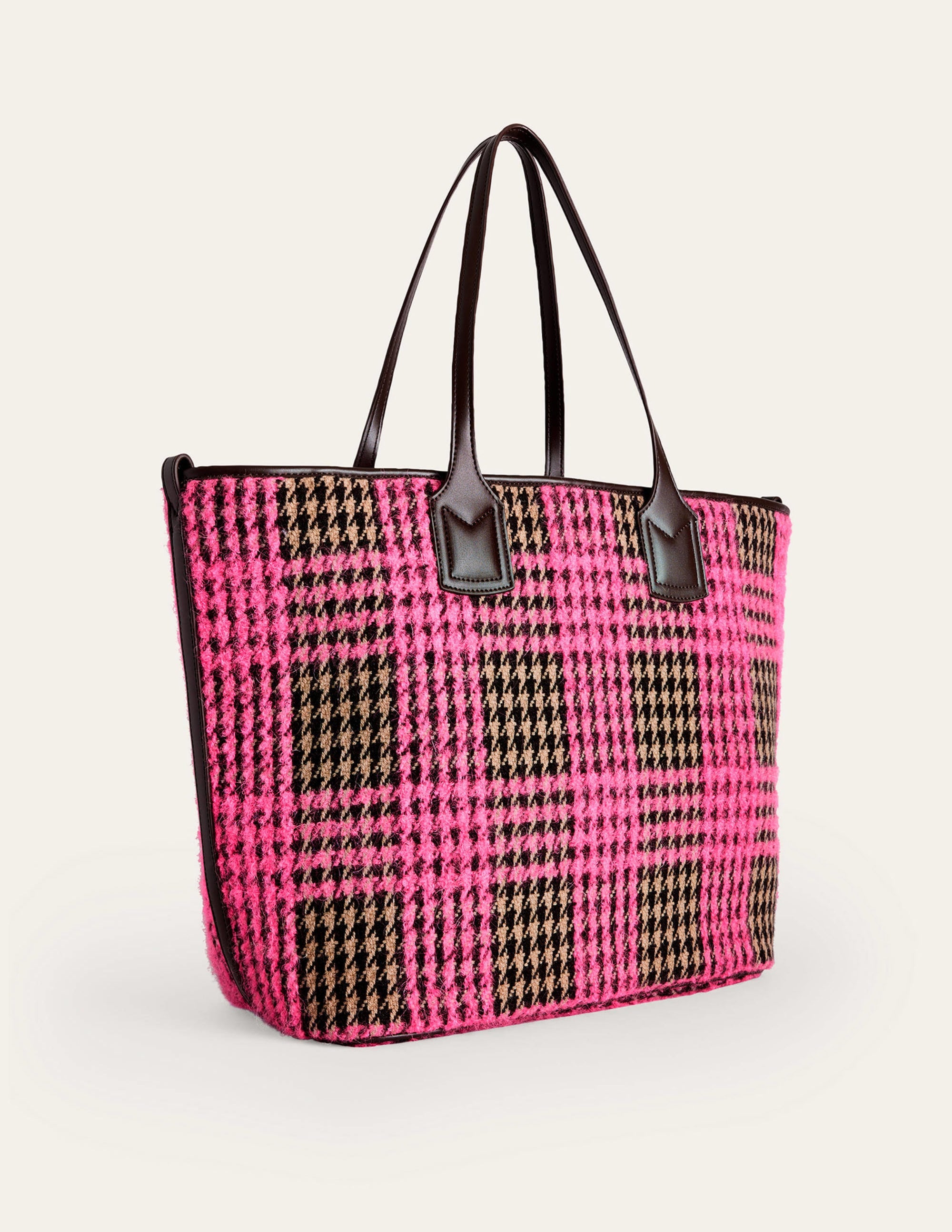 Wool Trapeze Tote Bag-Pink Boucle Check - Image 3