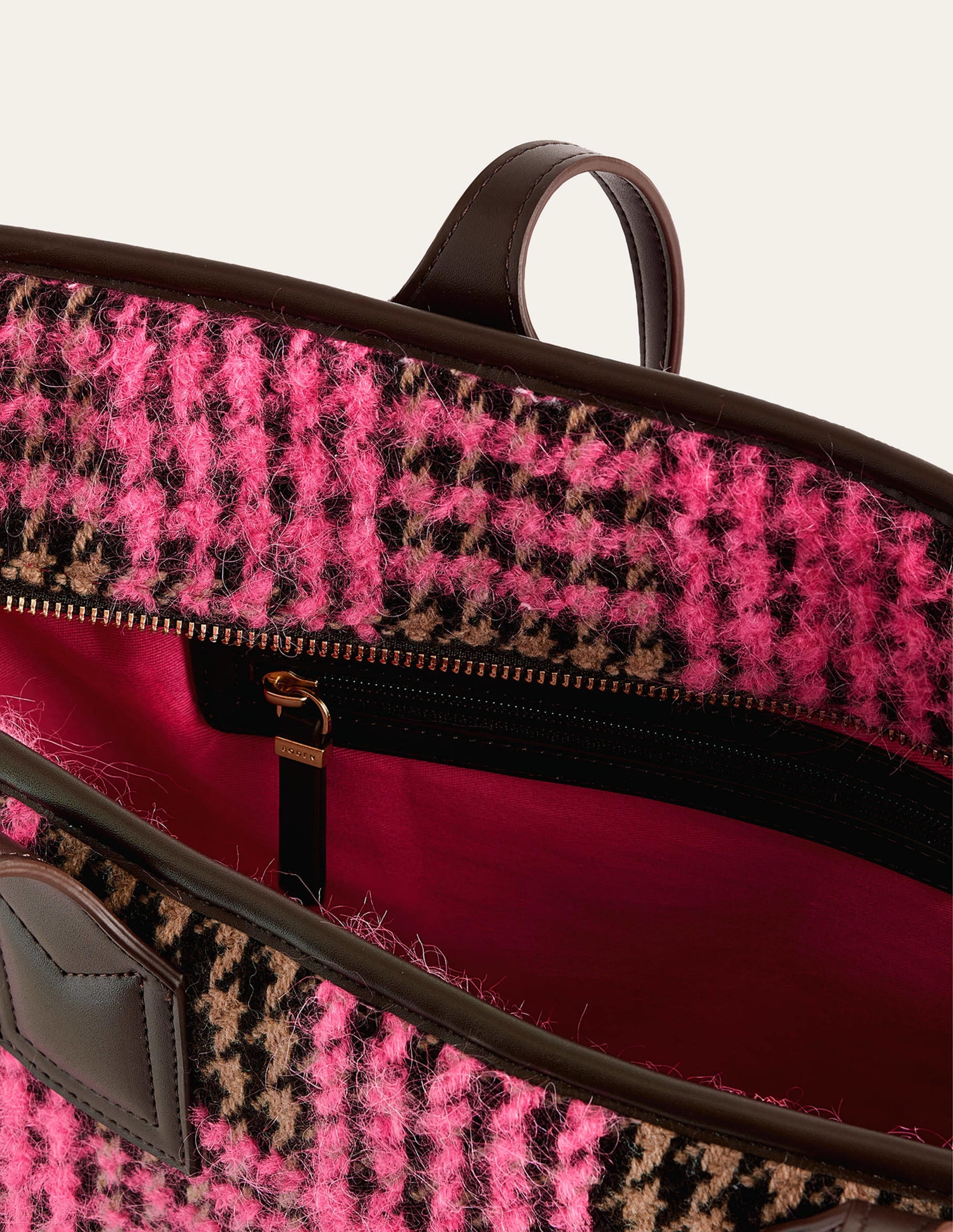 Wool Trapeze Tote Bag-Pink Boucle Check - Image 4