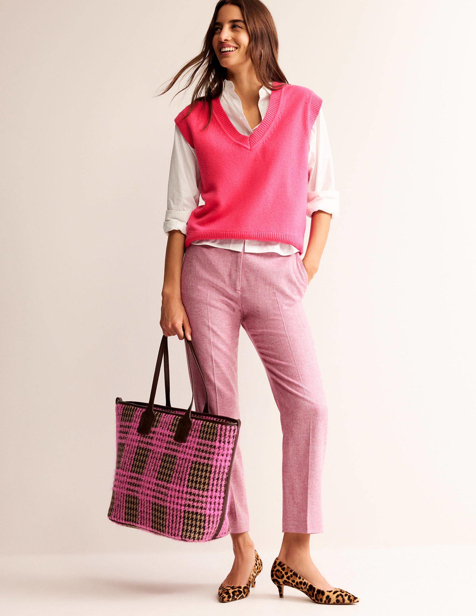 Wool Trapeze Tote Bag-Pink Boucle Check-1