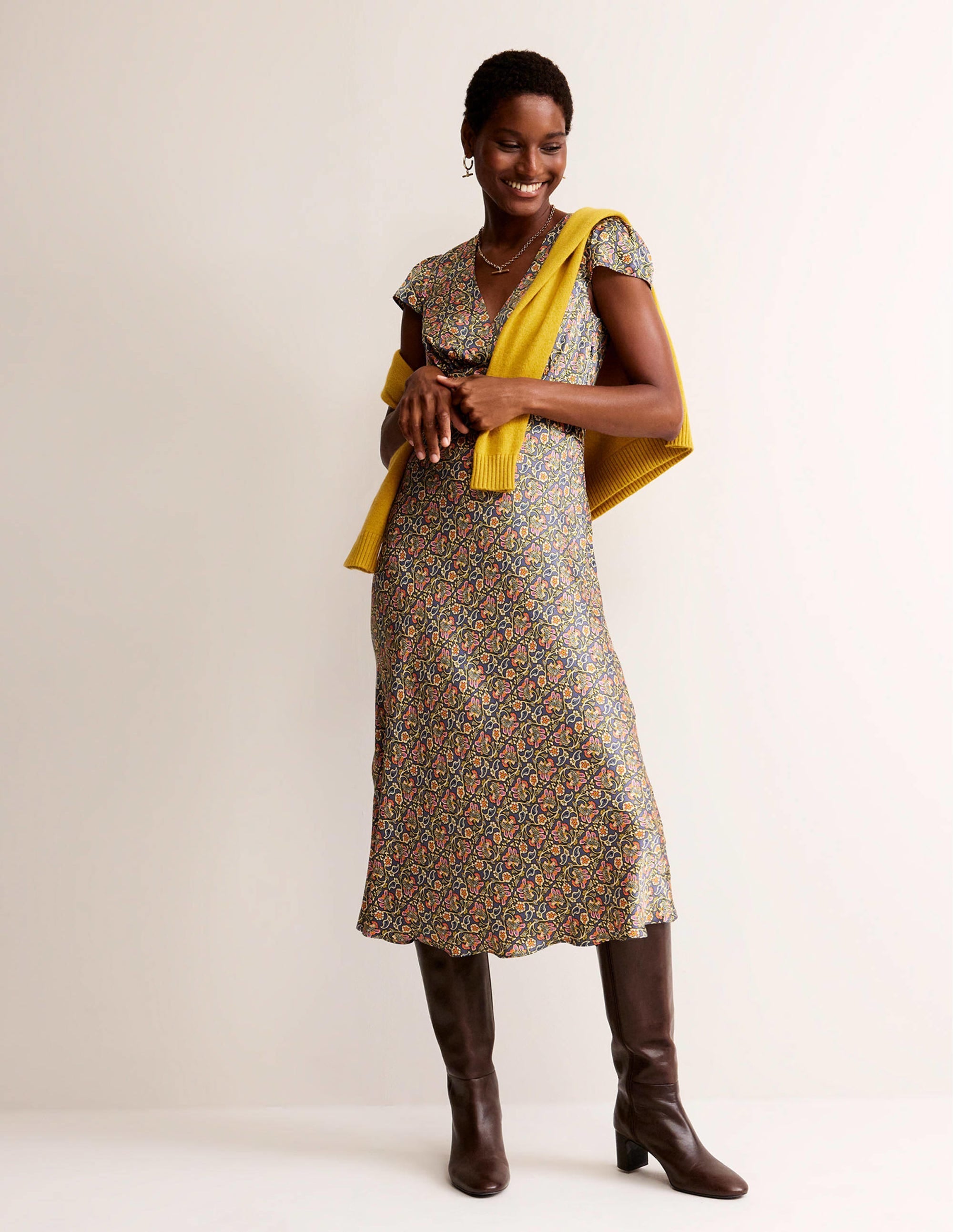 Satin Empire Midi Tea Dress-Nightshadow Blue - Image 1