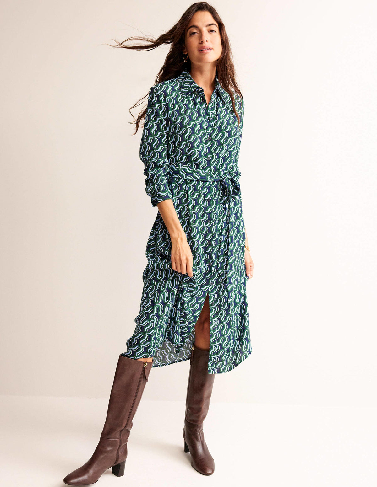 Kate Midi Shirt Dress-Amazon Green, Ribbon Wave - Image 1