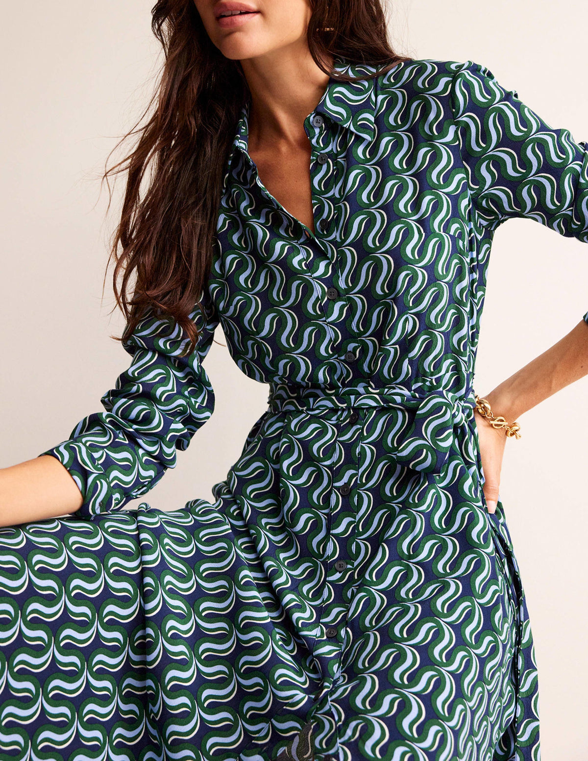 Kate Midi Shirt Dress-Amazon Green, Ribbon Wave-2