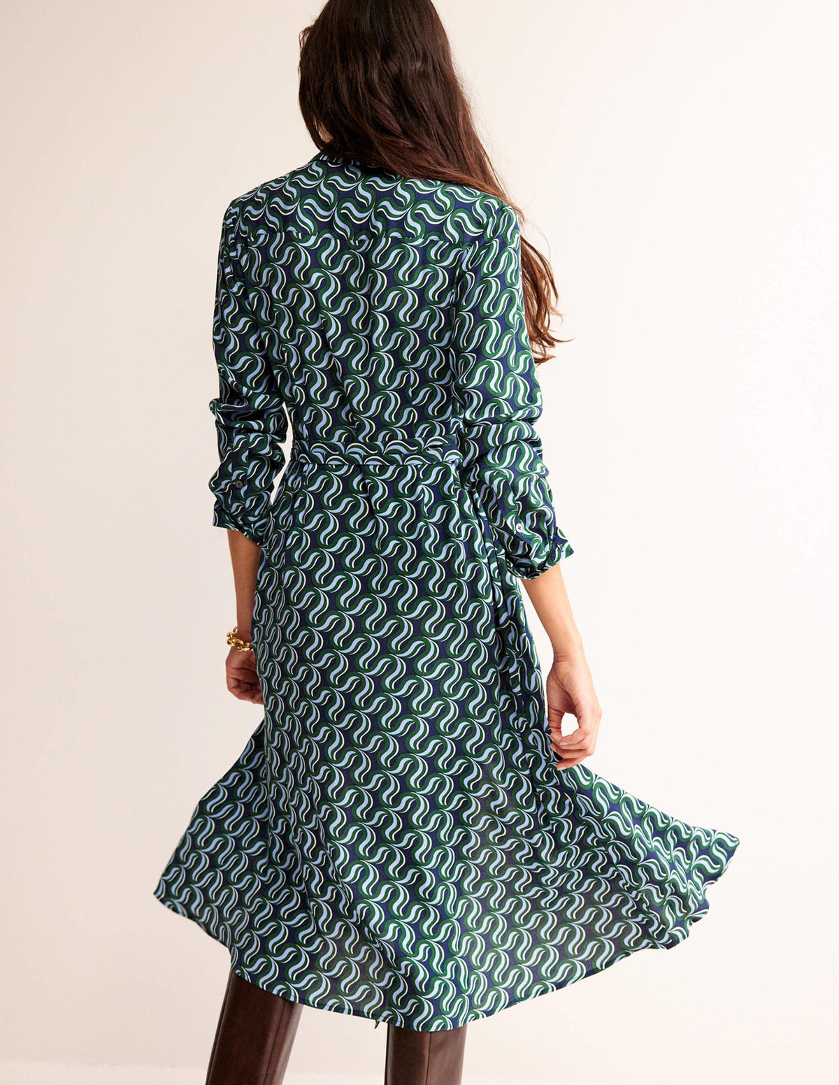 Kate Midi Shirt Dress-Amazon Green, Ribbon Wave - Image 3