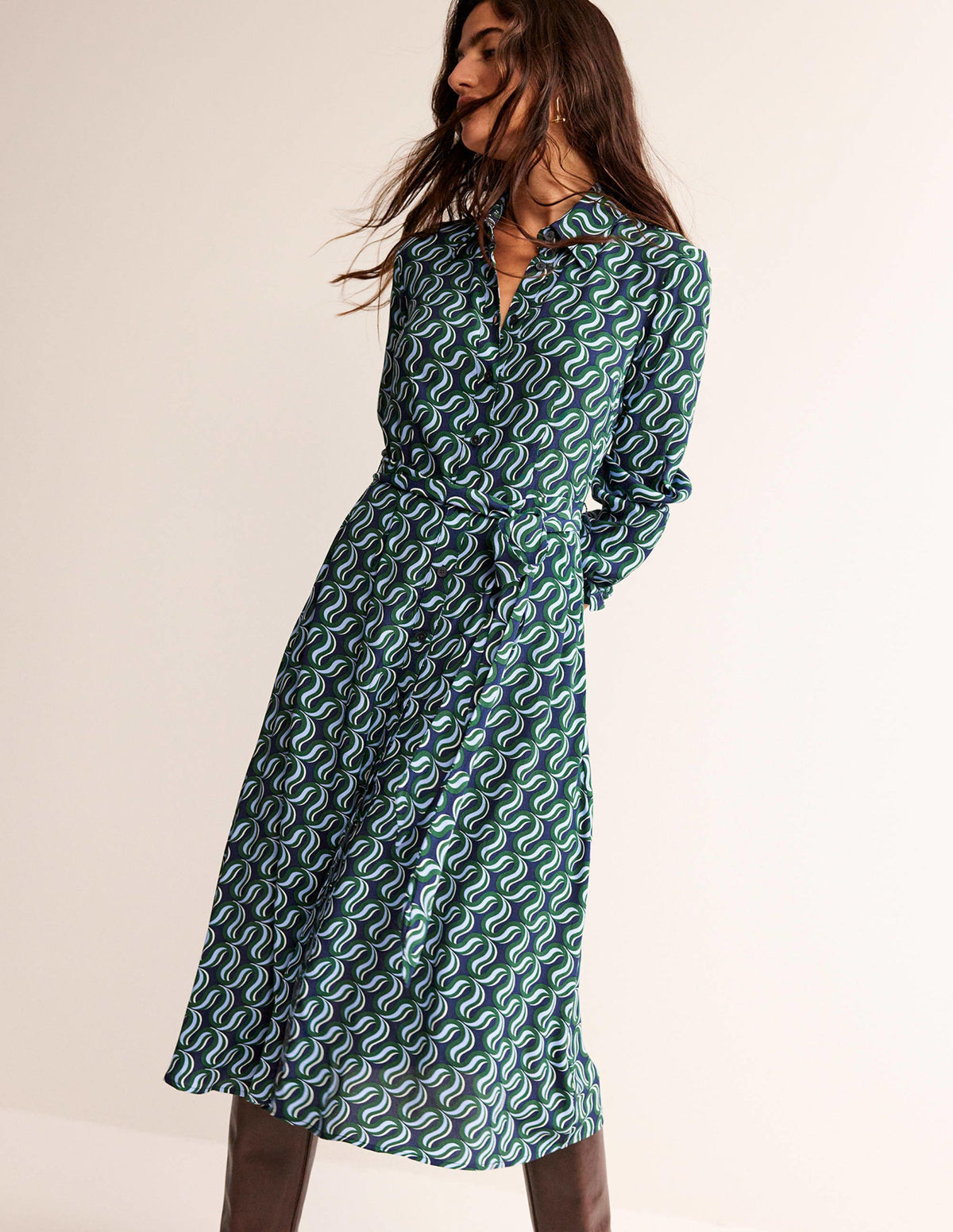 Kate Midi Shirt Dress-Amazon Green, Ribbon Wave-4