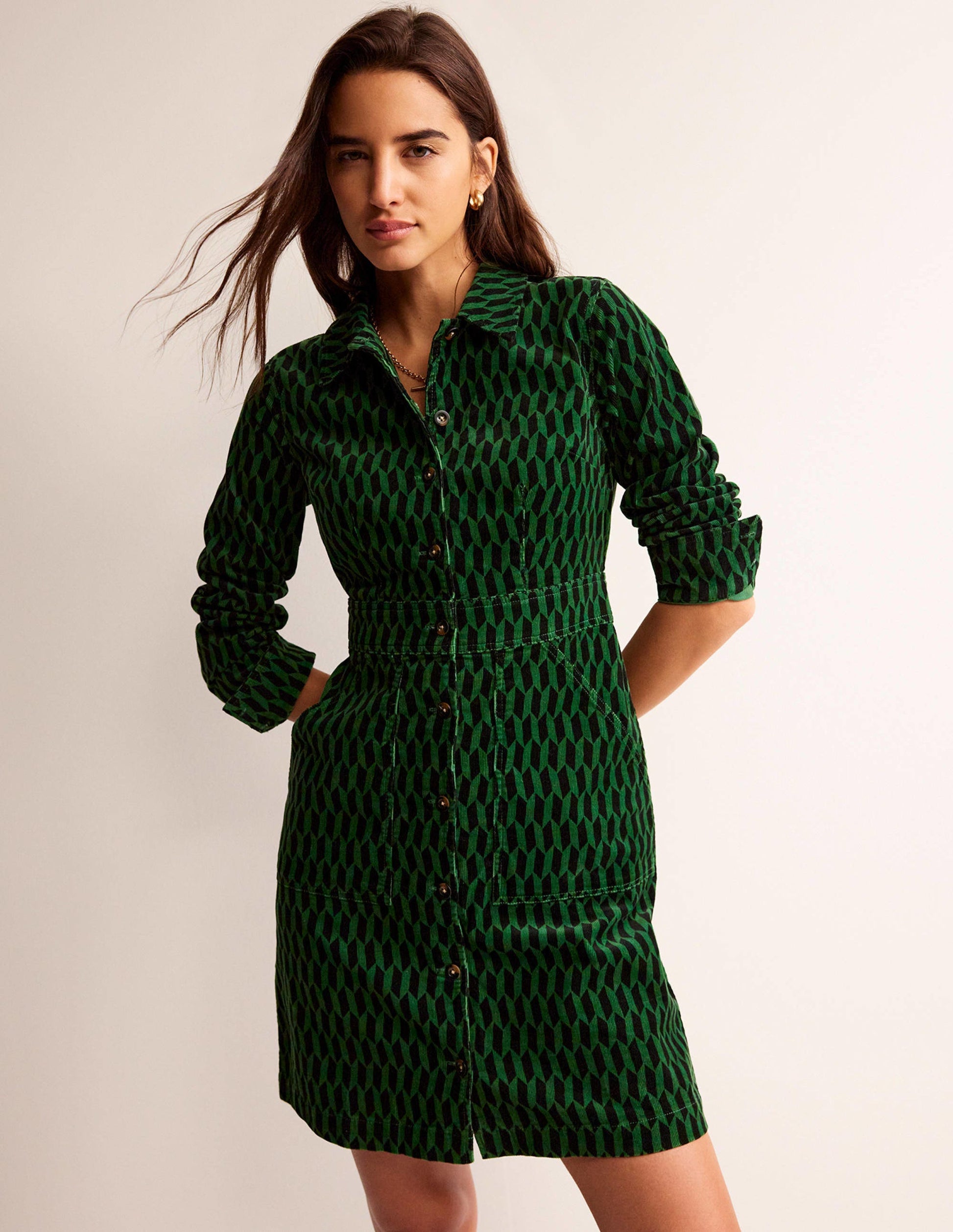 Flora Cord Shirt Dress-Amazon Green, Block Tile-1