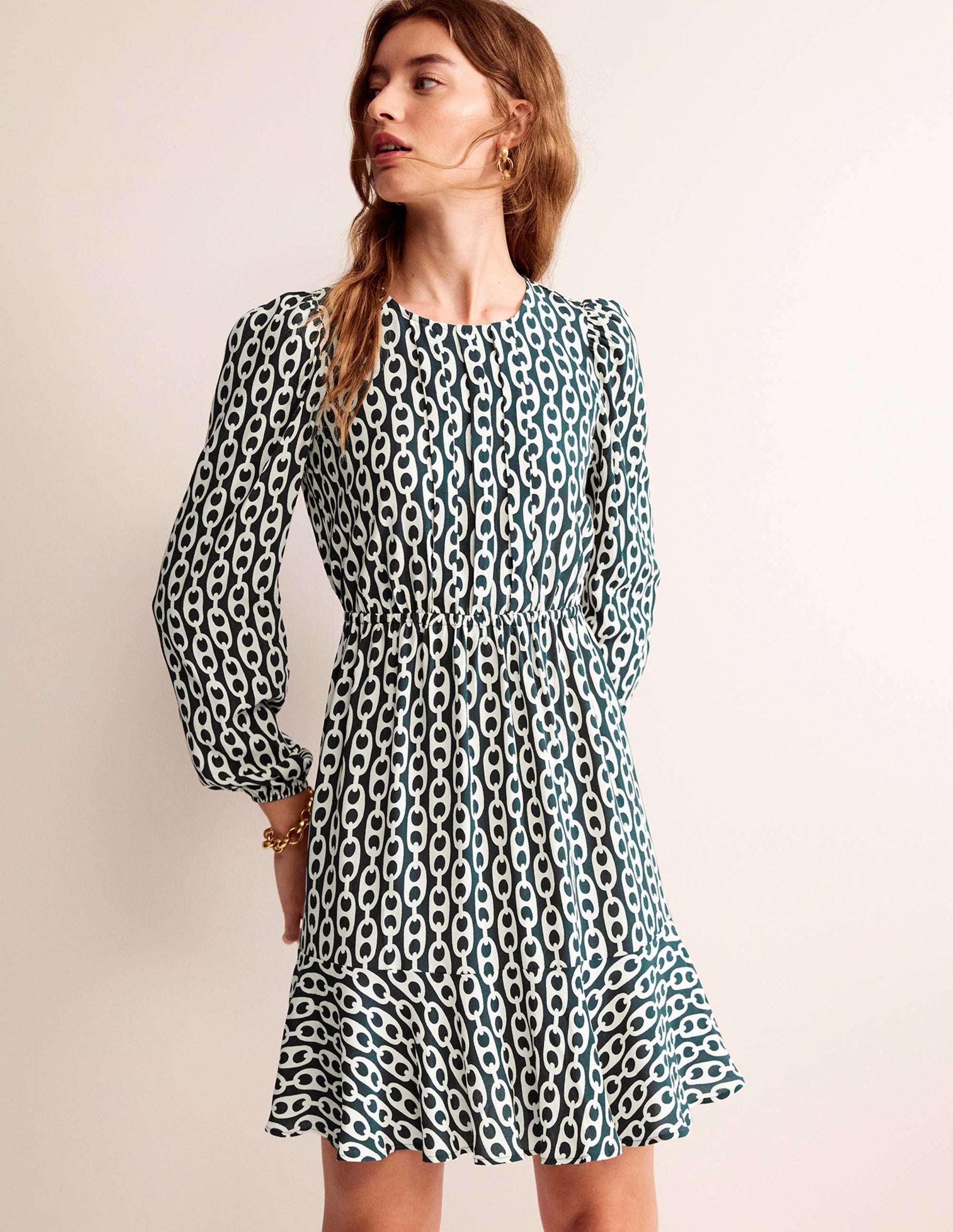 Pleated Peplum Mini Dress-Emerald Night, Geo Chain-1