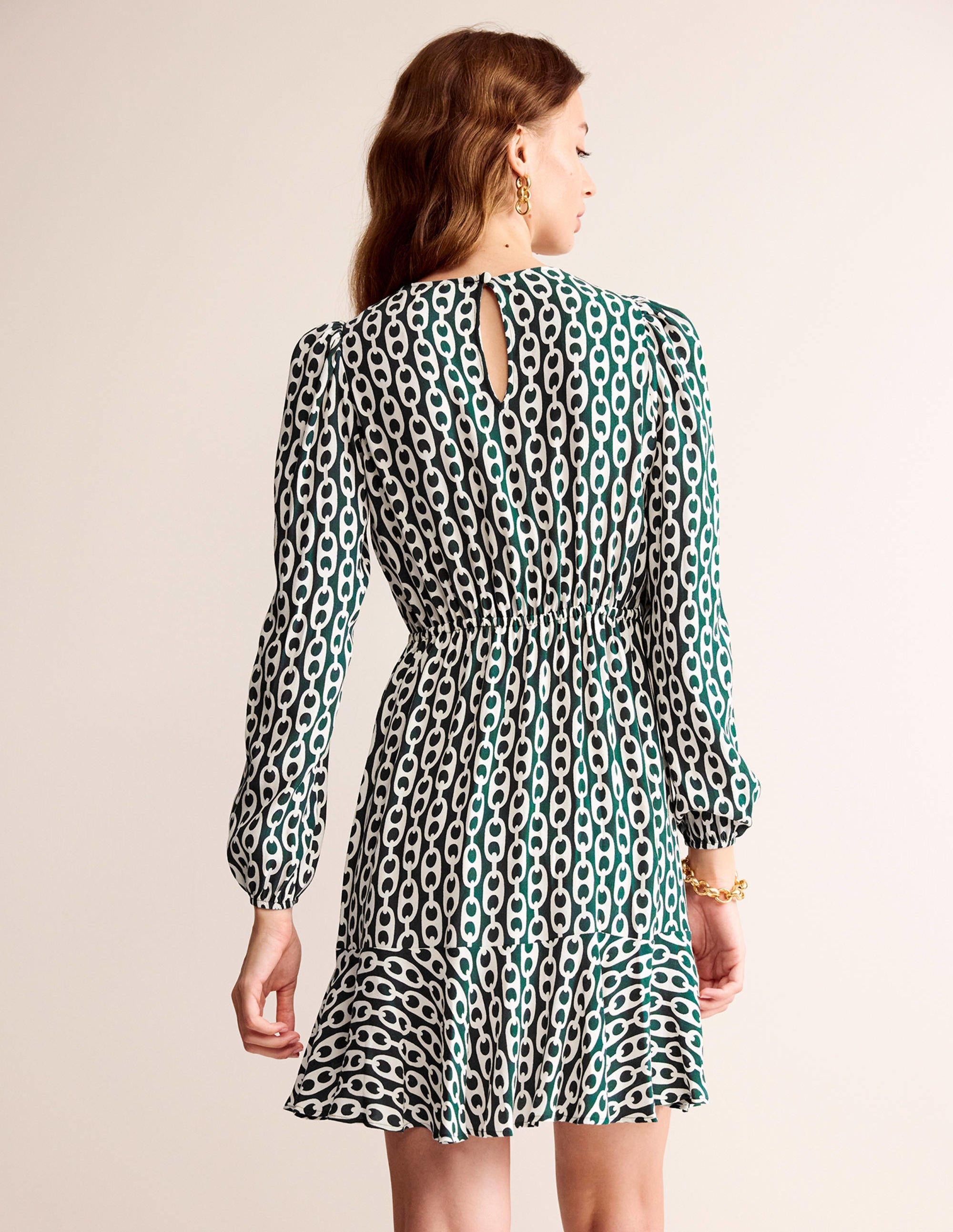 Pleated Peplum Mini Dress-Emerald Night, Geo Chain - Image 4