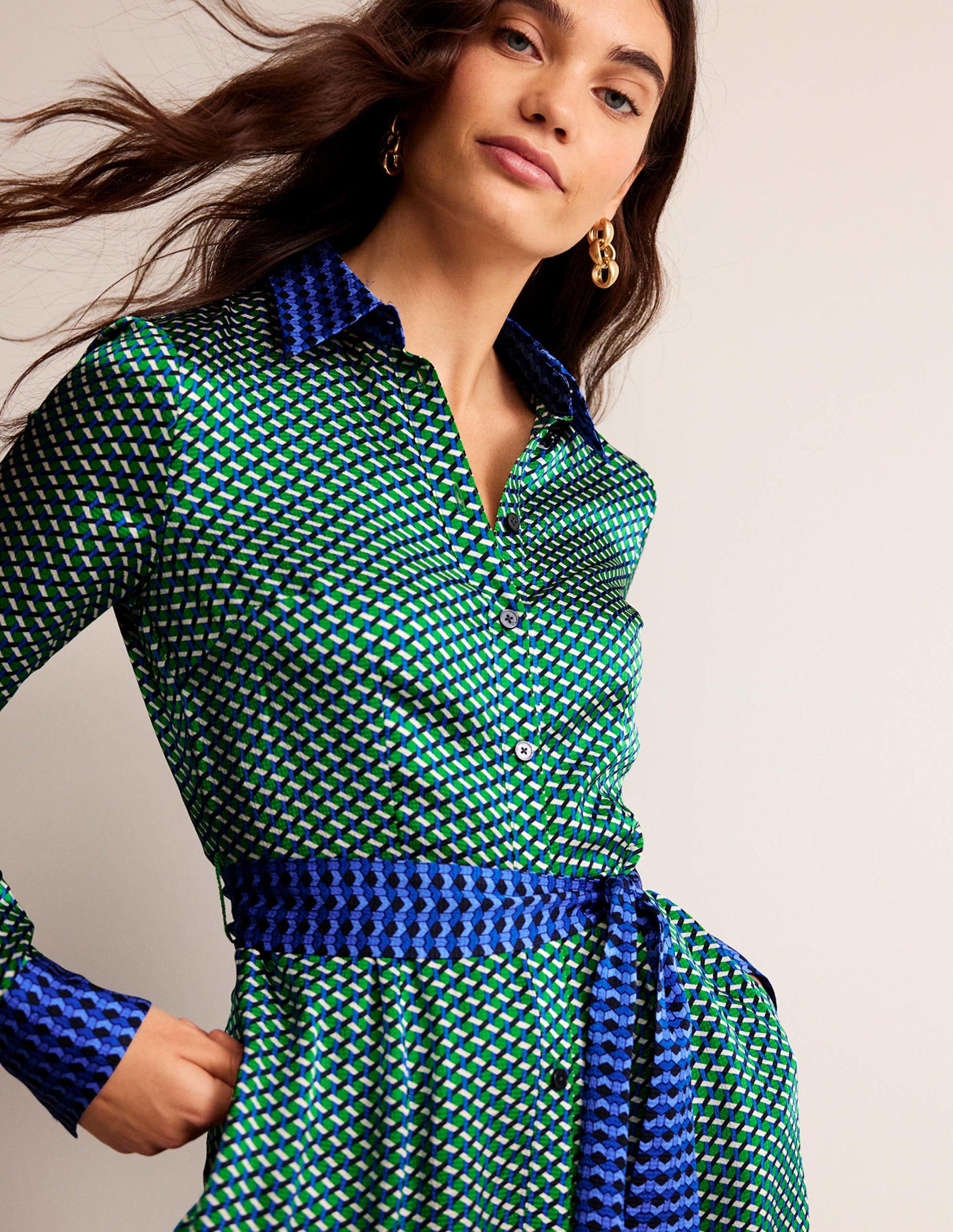 Kate Satin Shirt Dress-Bright Green, Geo Daze-2