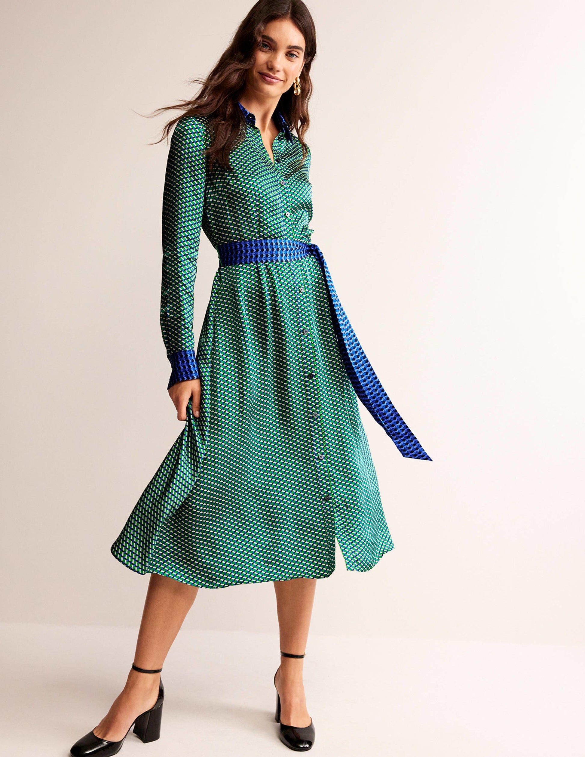 Kate Satin Shirt Dress-Bright Green, Geo Daze-4
