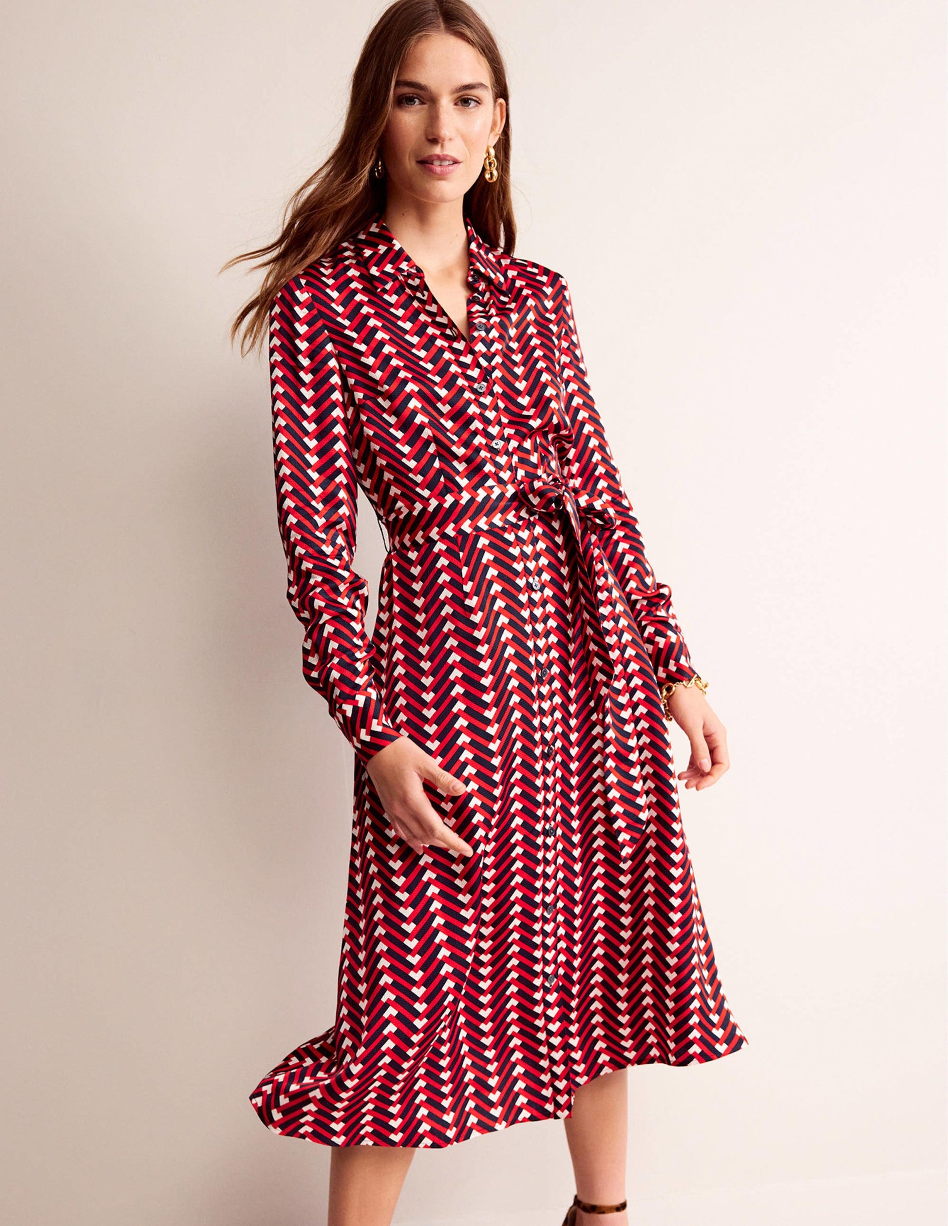 Kate Satin Shirt Dress-Hot Pepper, Chevron Geo-1