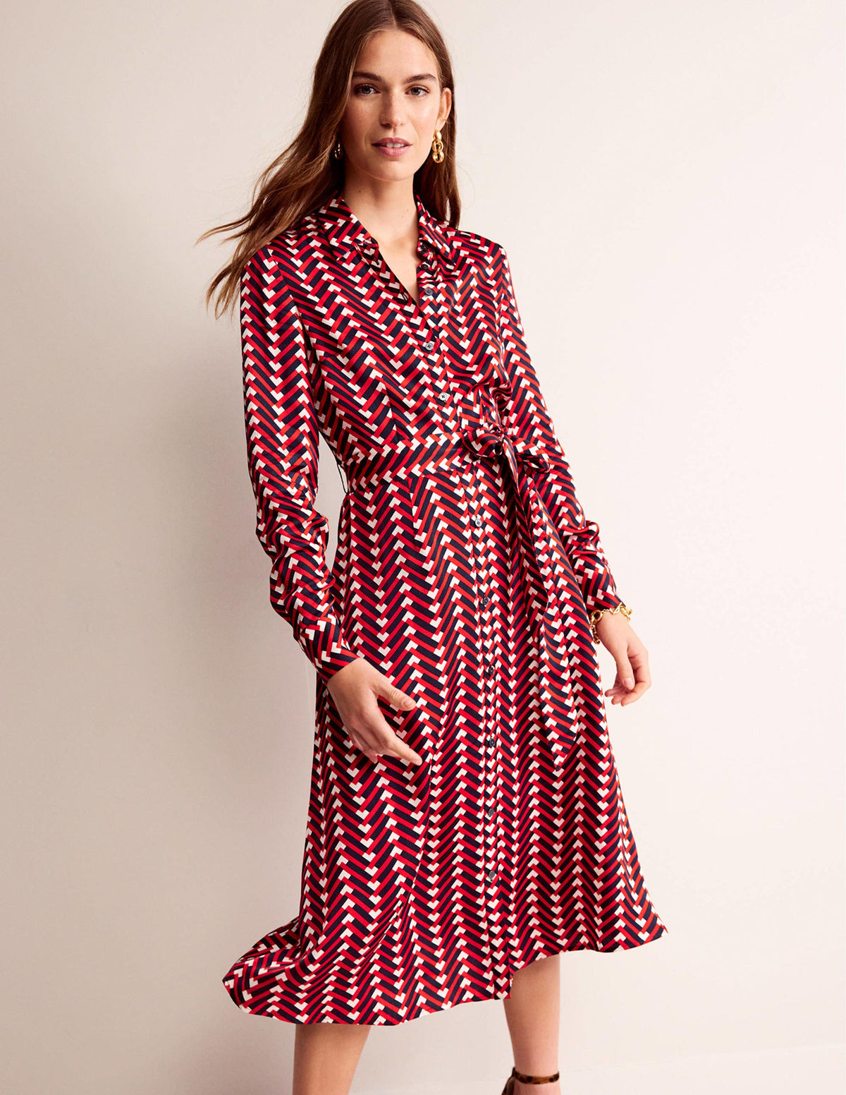 Kate Satin Shirt Dress-Hot Pepper, Chevron Geo - Image 1