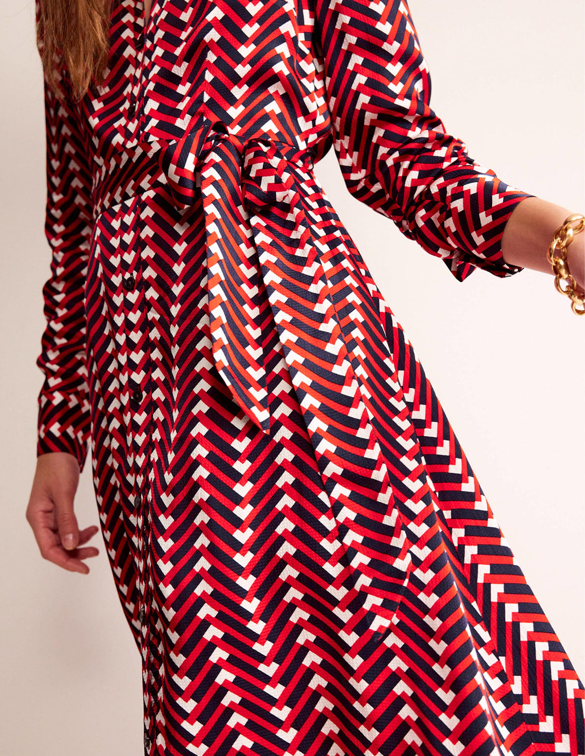 Kate Satin Shirt Dress-Hot Pepper, Chevron Geo-2