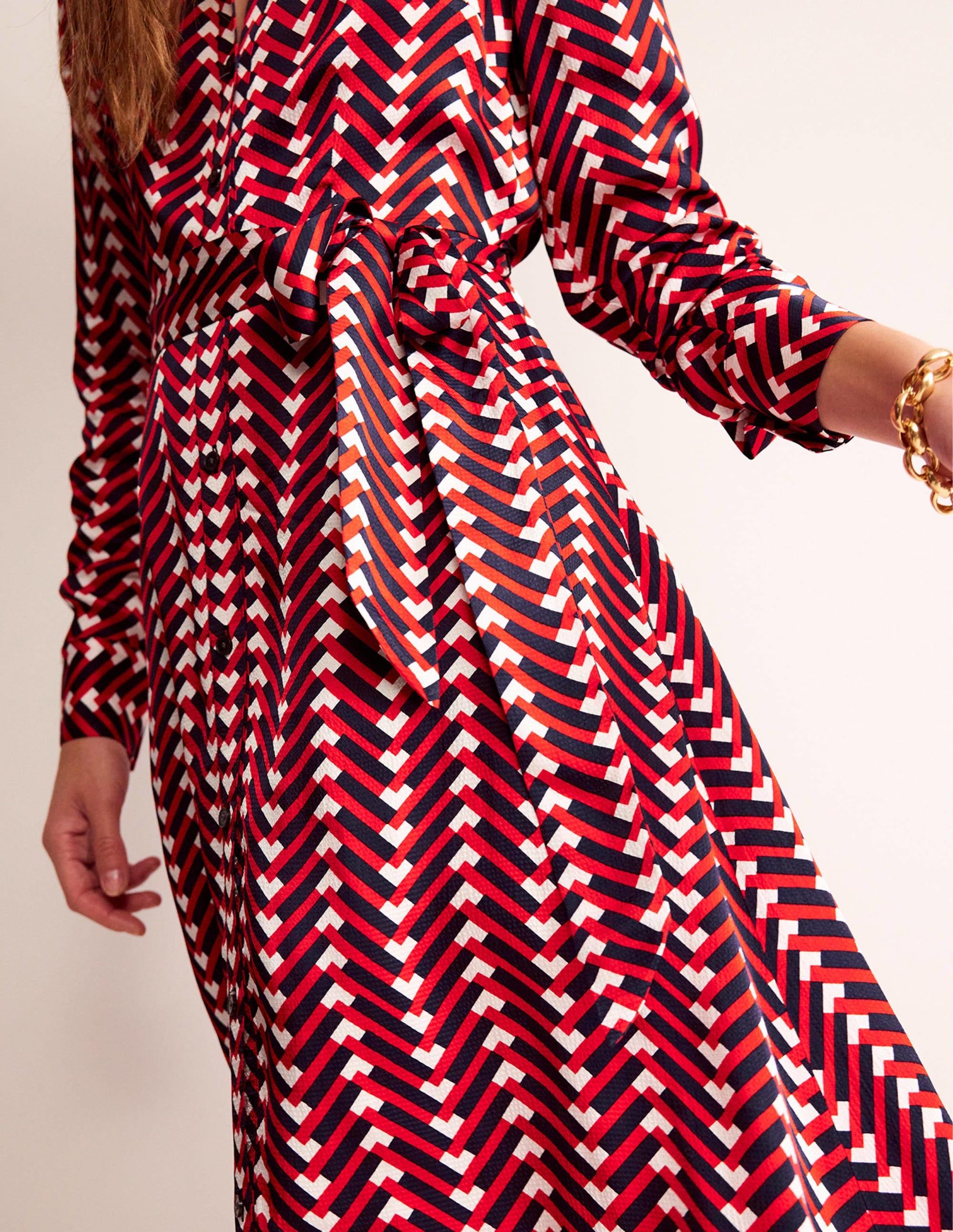 Kate Satin Shirt Dress-Hot Pepper, Chevron Geo - Image 2