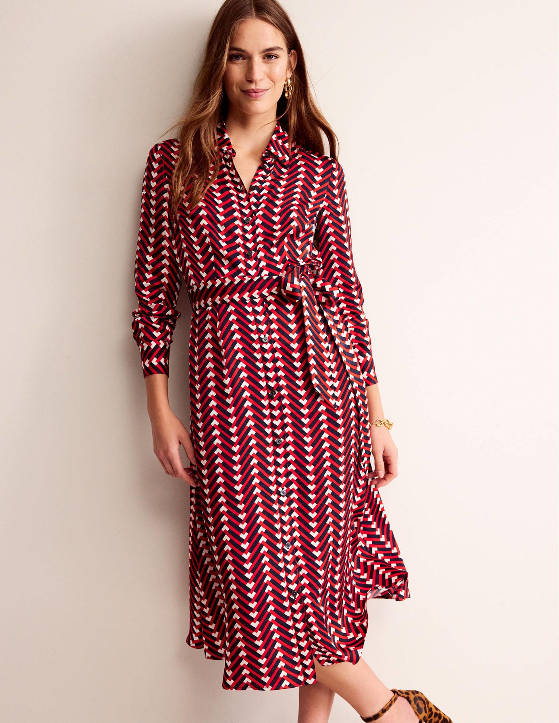 Kate Satin Shirt Dress-Hot Pepper, Chevron Geo-4