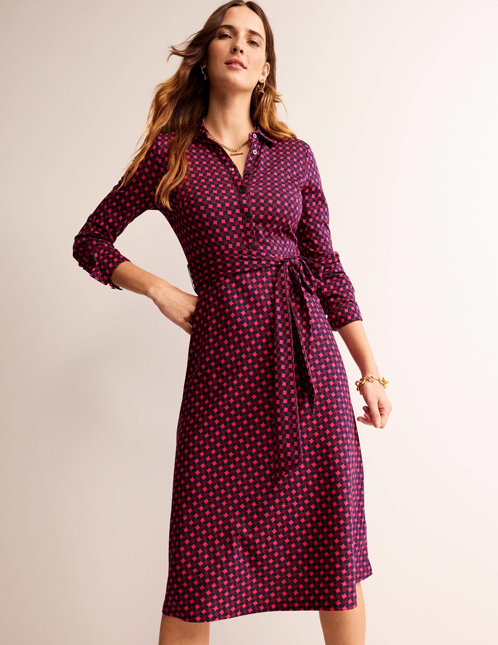 Laura Jersey Midi Shress-Vibrant Pink, Abstract Diamond - Image 1