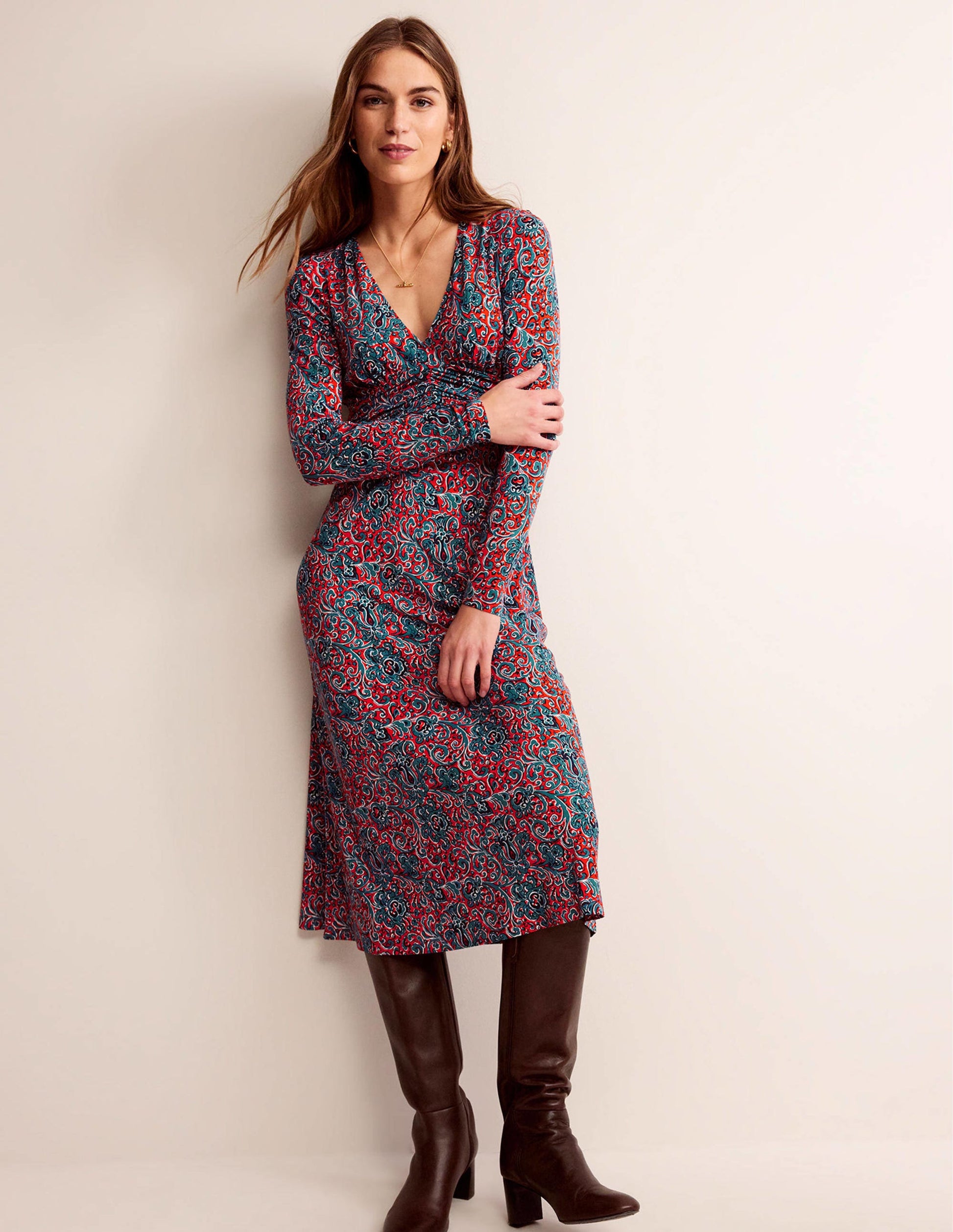 Elodie Empire Midi Dress-Fiesta Orange, Botanic Terrace-1