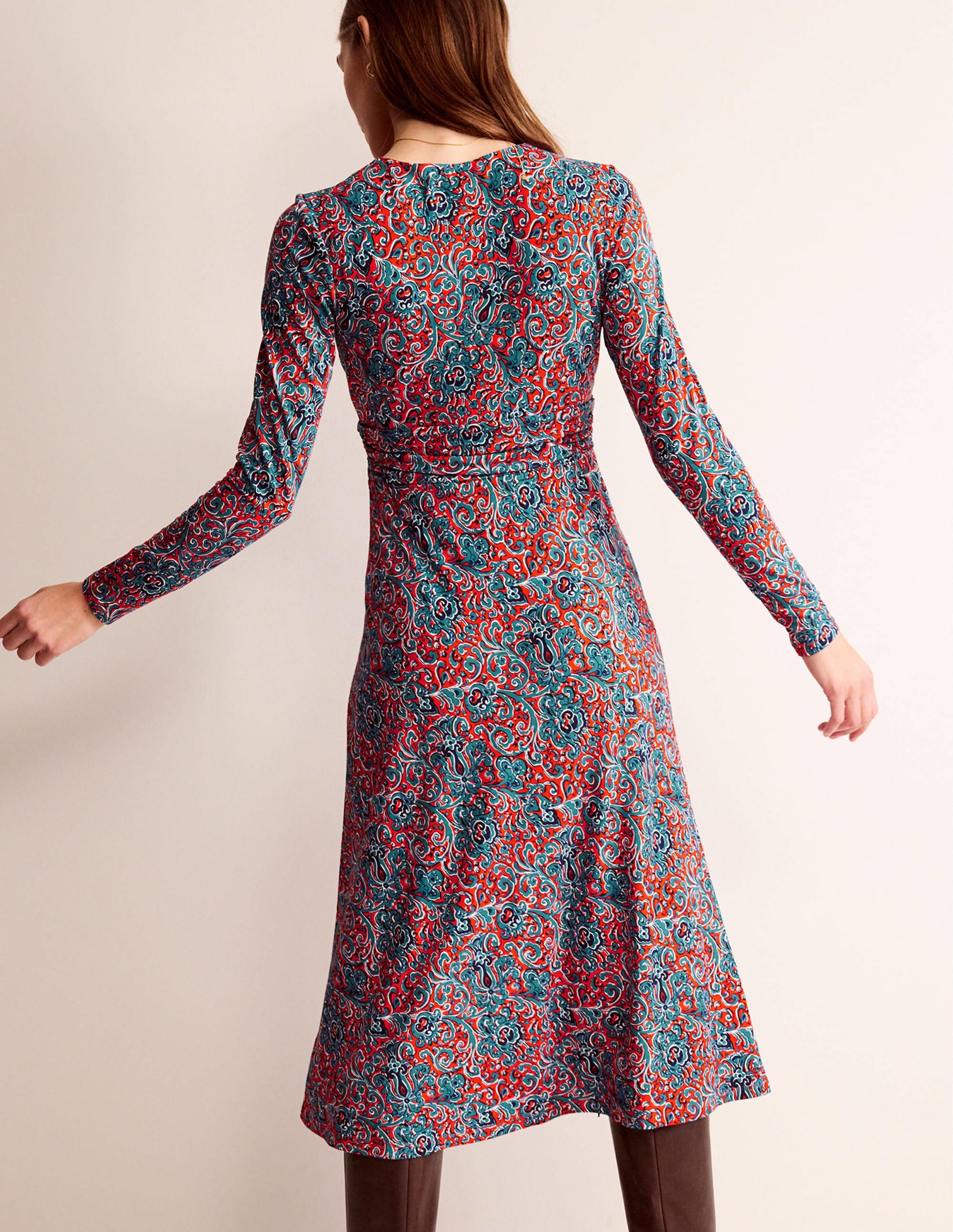 Elodie Empire Midi Dress-Fiesta Orange, Botanic Terrace - Image 3
