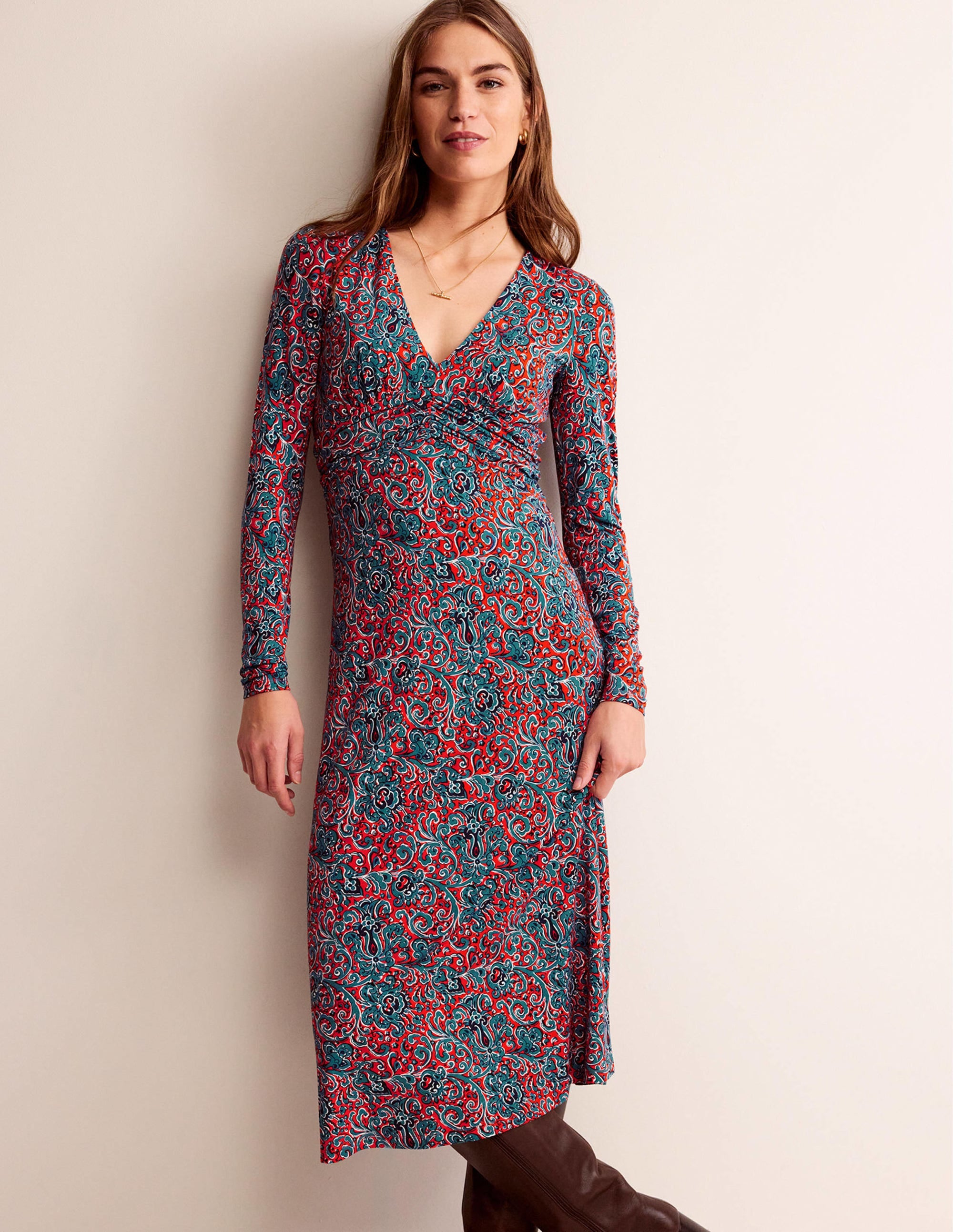 Elodie Empire Midi Dress-Fiesta Orange, Botanic Terrace - Image 4