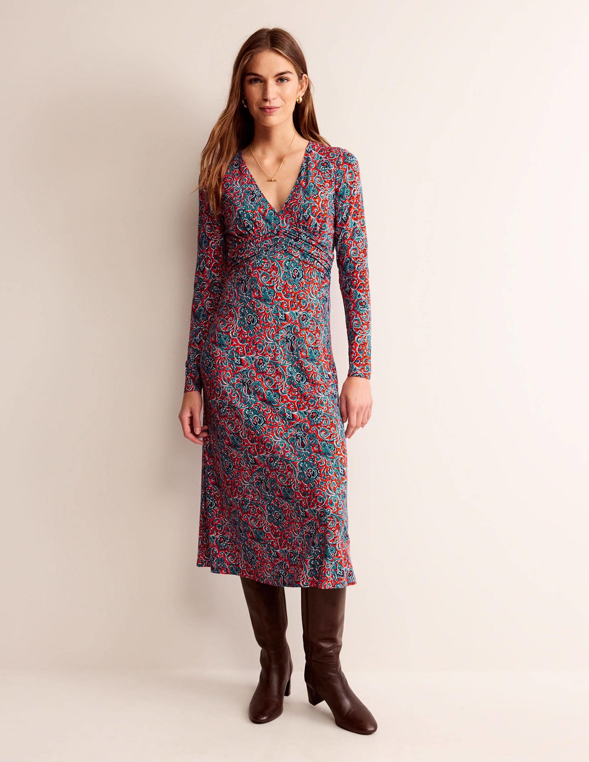 Elodie Empire Midi Dress-Fiesta Orange, Botanic Terrace - Image 5