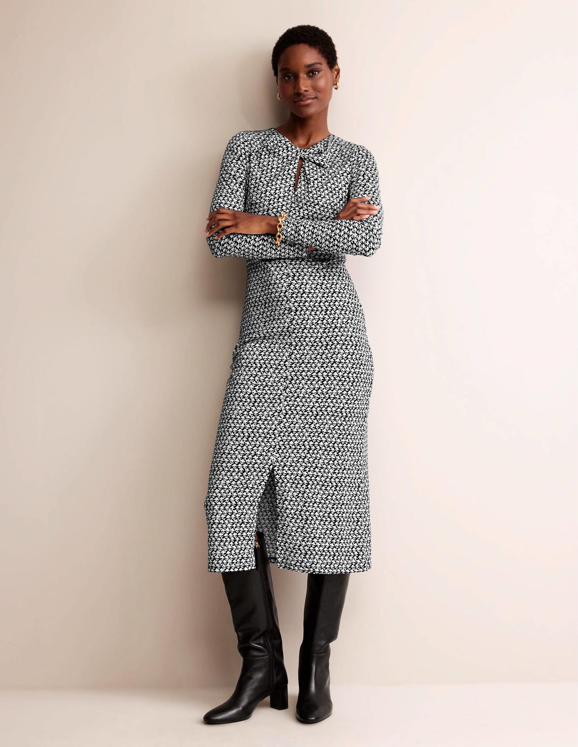 Empire Knot Midi Dress-Black, Lily Sprig - Image 1