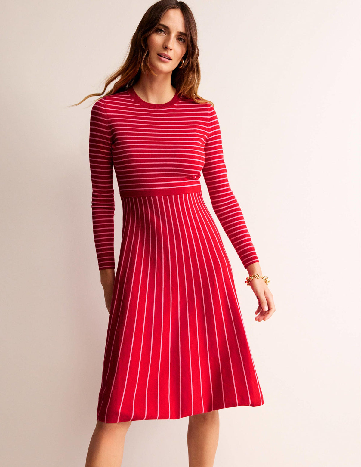 Maria Knitted Midi Dress-Hot Pepper and Crayon Pink - Image 1