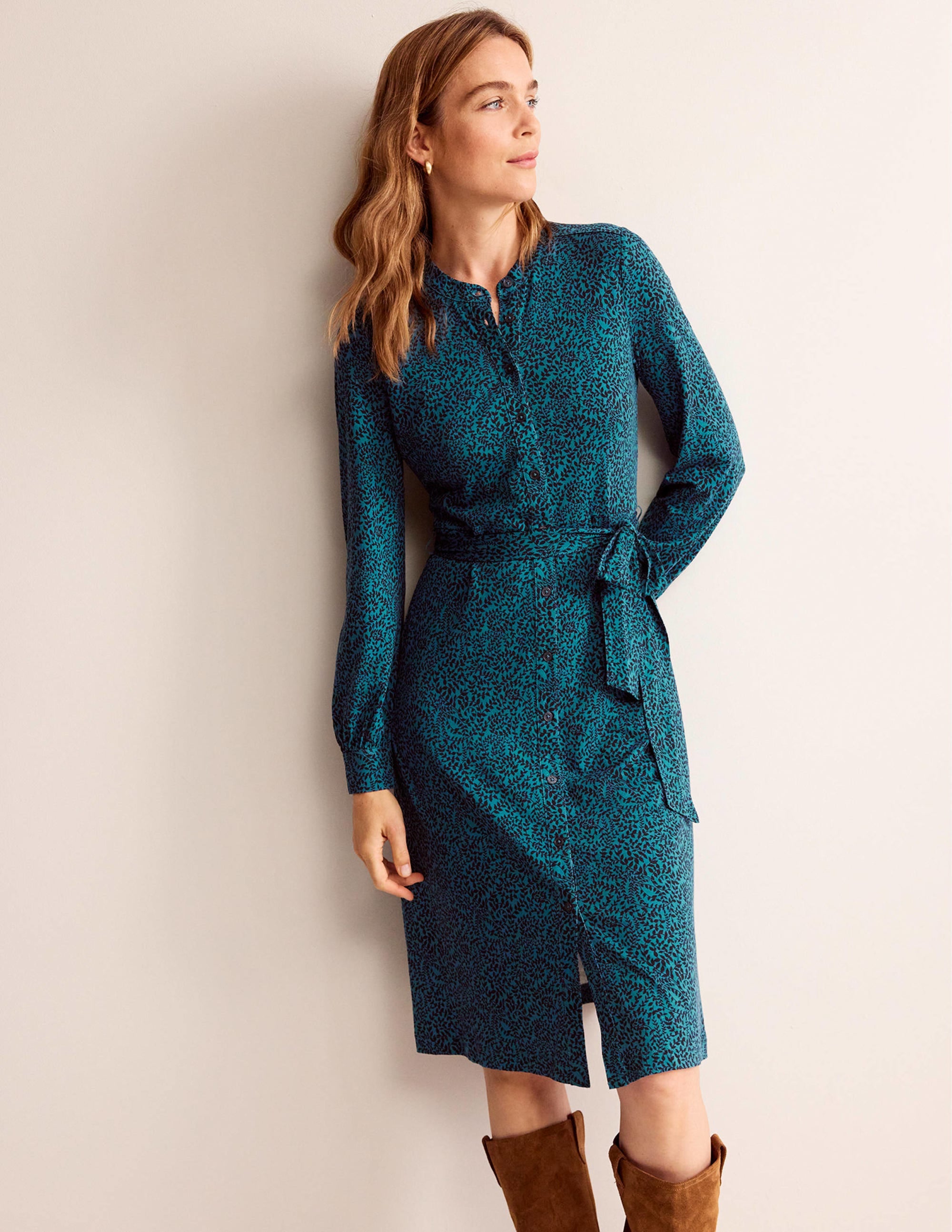 Julia Jersey Shirt Dress-Teal, Pome Sprig - Image 1