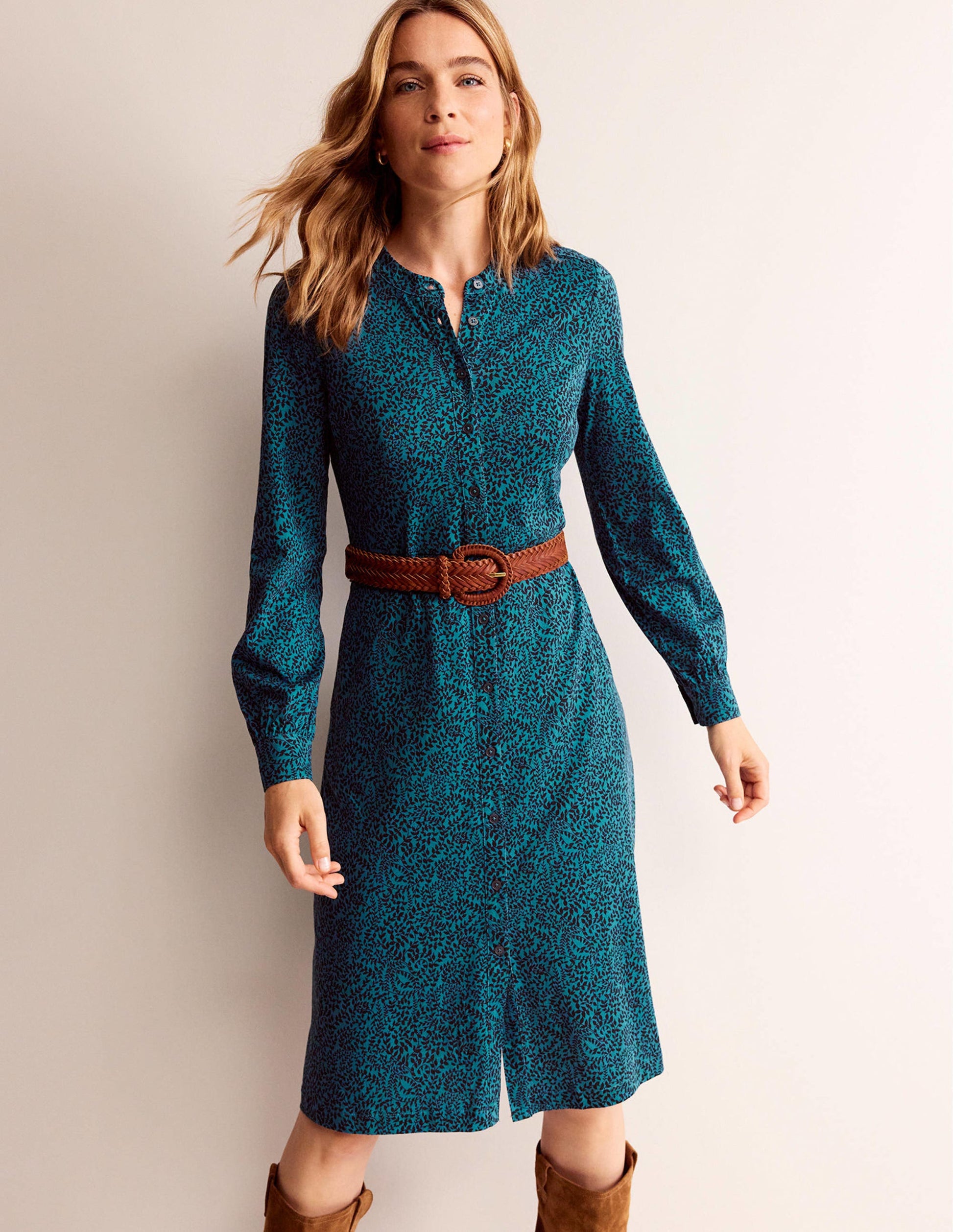 Julia Jersey Shirt Dress-Teal, Pome Sprig-4