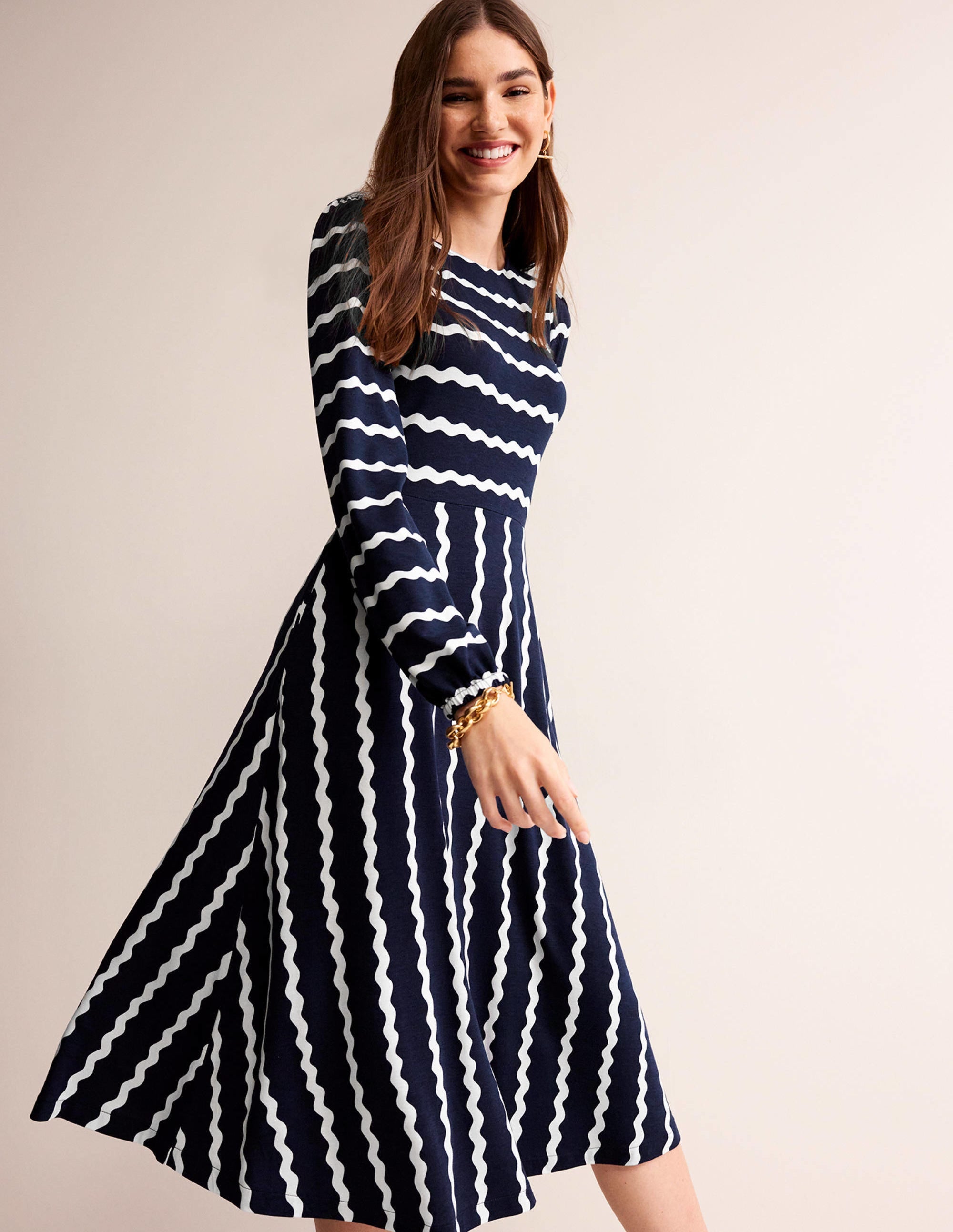 Camille Jersey Midi Dress-French Navy, Chevron - Image 1