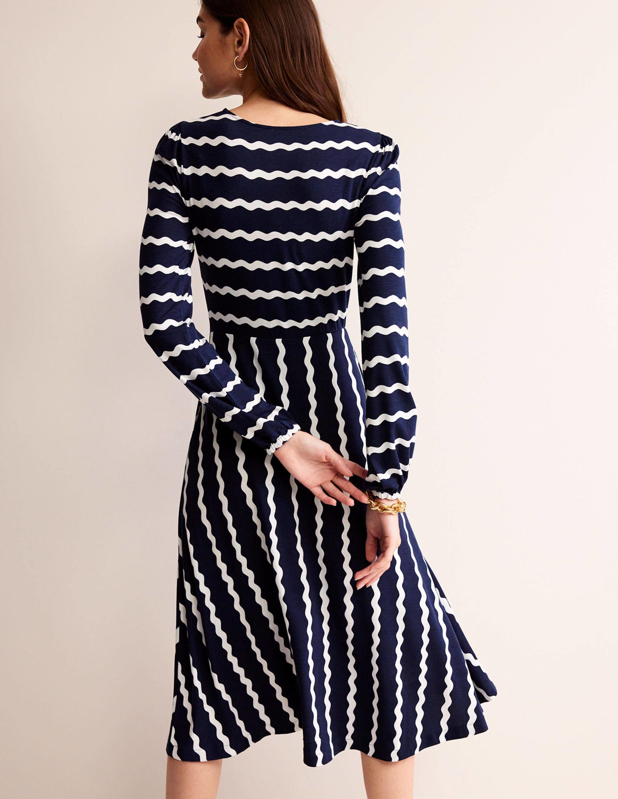 Camille Jersey Midi Dress-French Navy, Chevron - Image 3