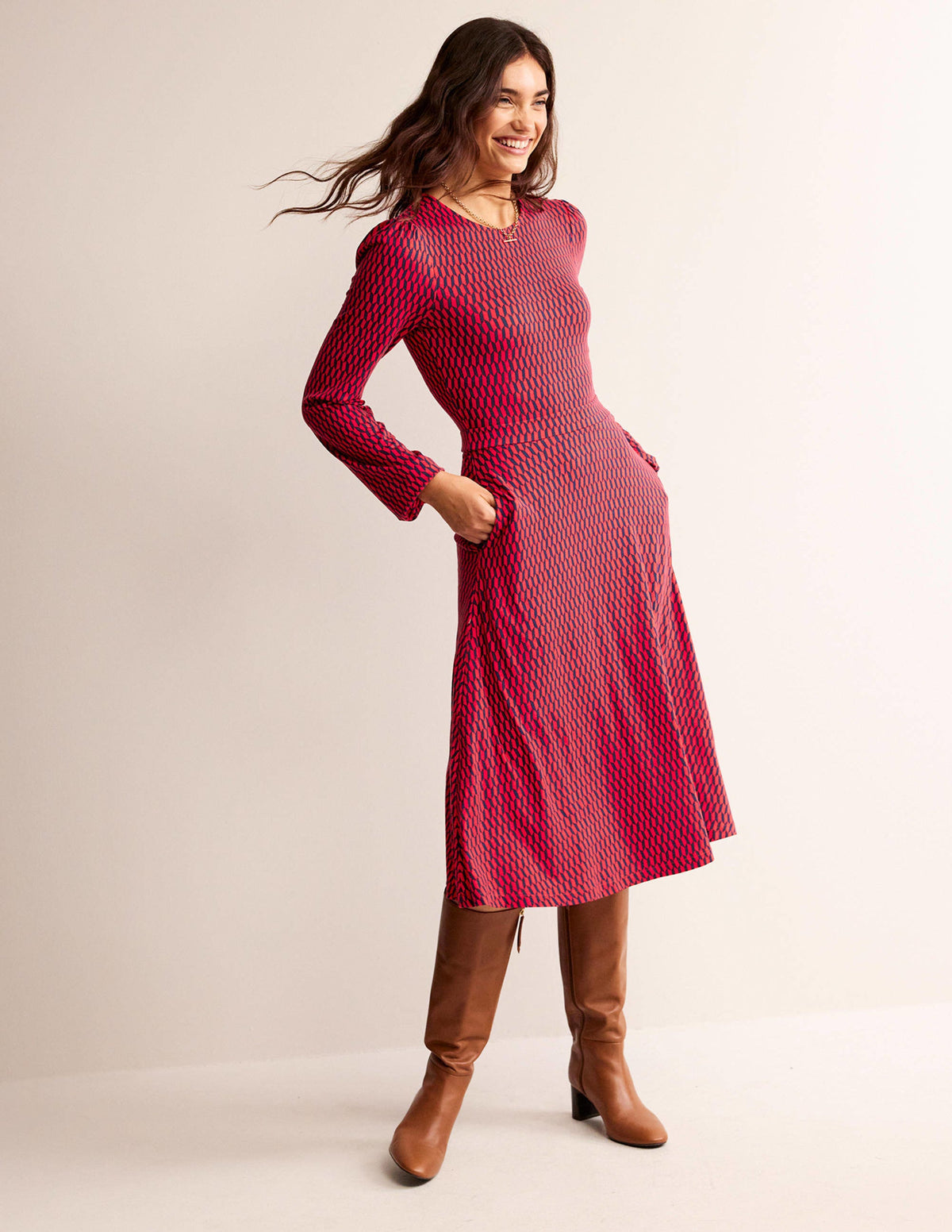 Camille Jersey Midi Dress-Brilliant Red, Block Tile-1