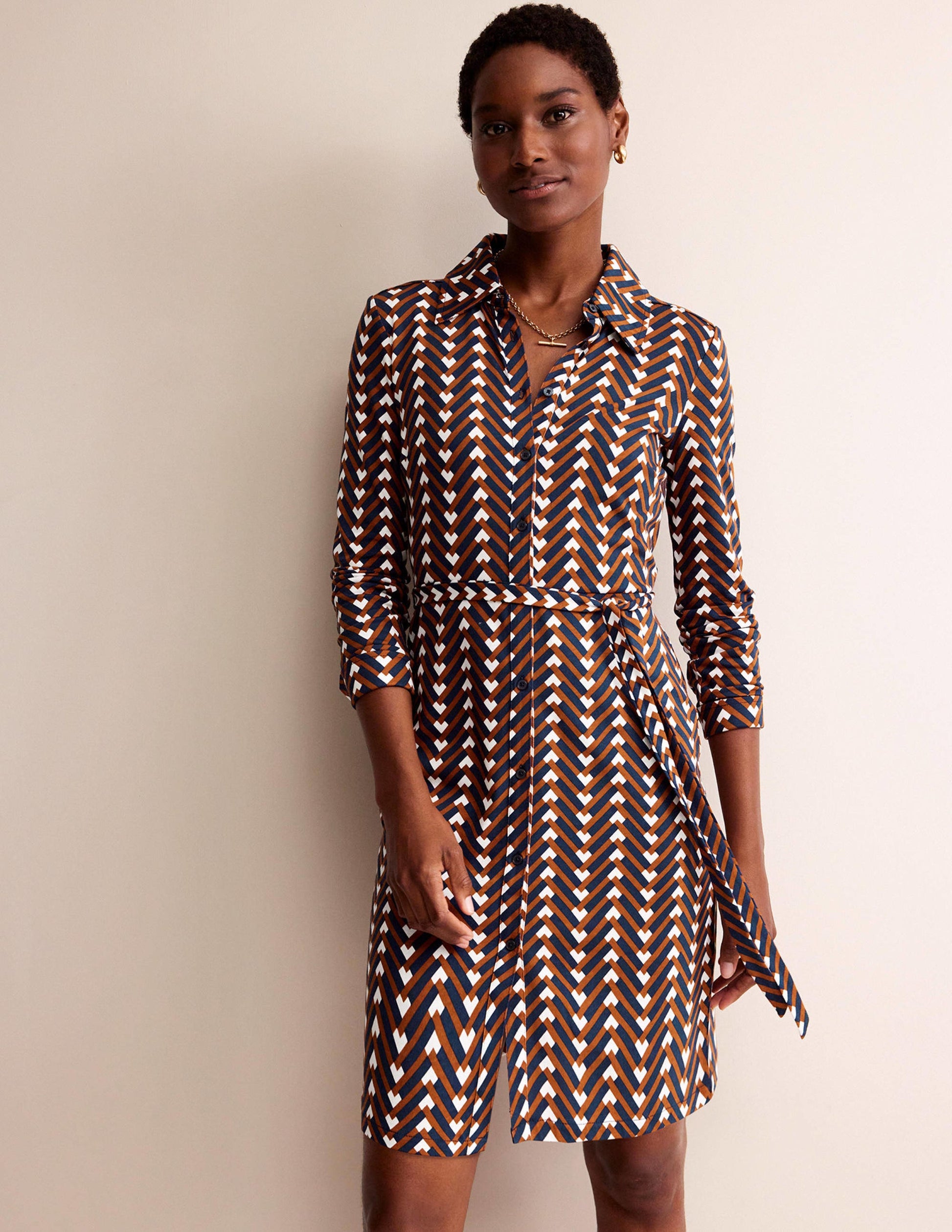Jessie Jersey Shirt Dress-Pumpkin, Chevron Geo-1