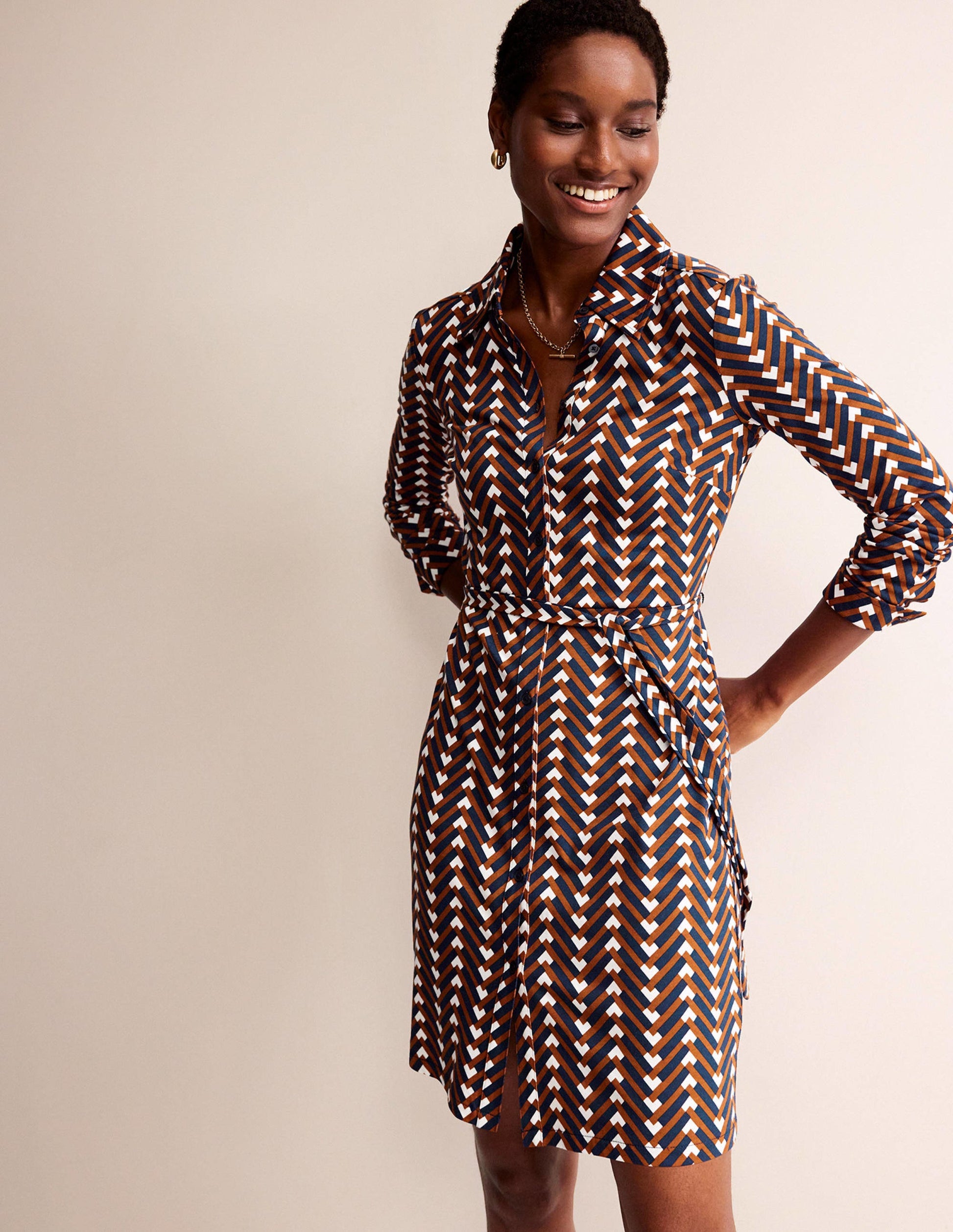 Jessie Jersey Shirt Dress-Pumpkin, Chevron Geo-4