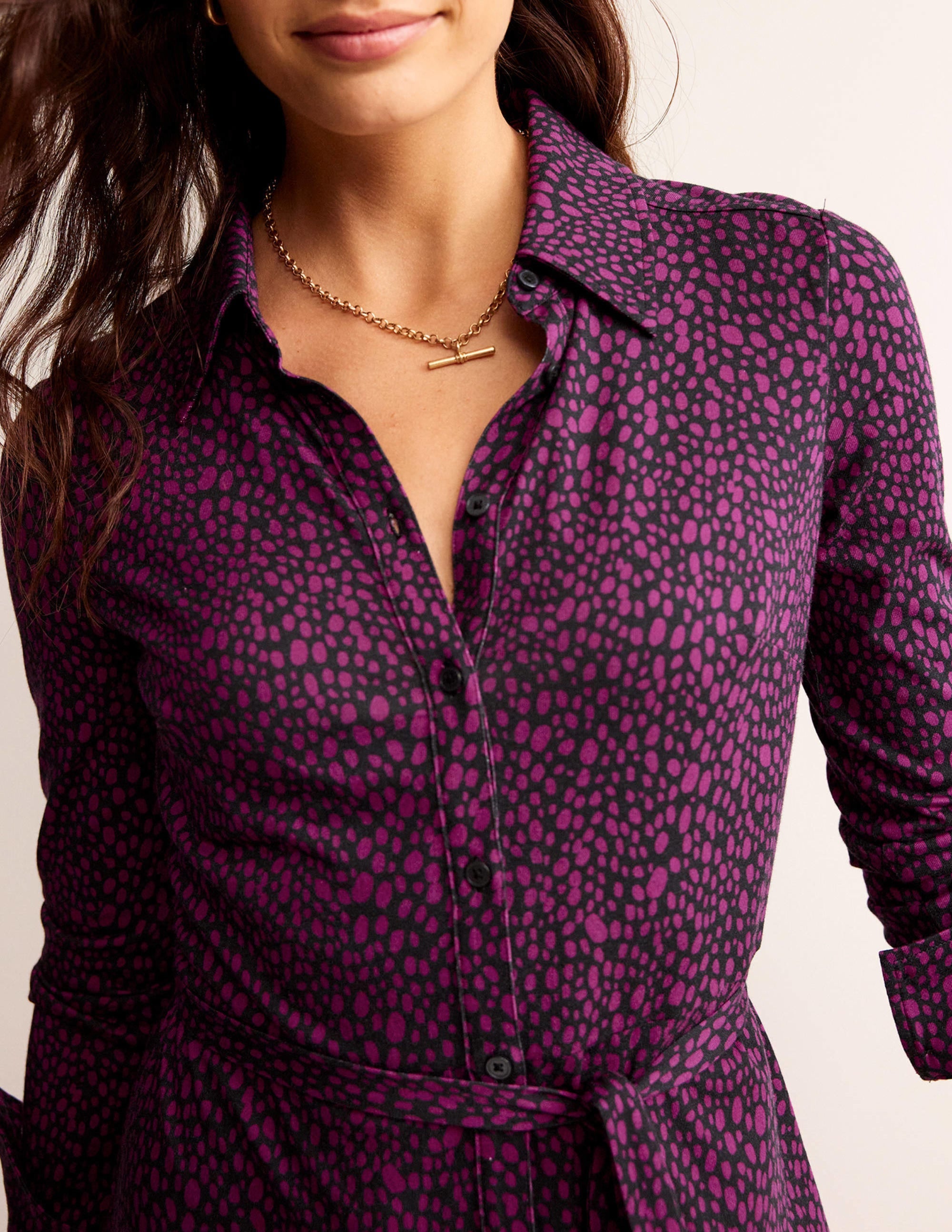 Jessie Jersey Shirt Dress-Damson Berry, Animal Spot - Image 2