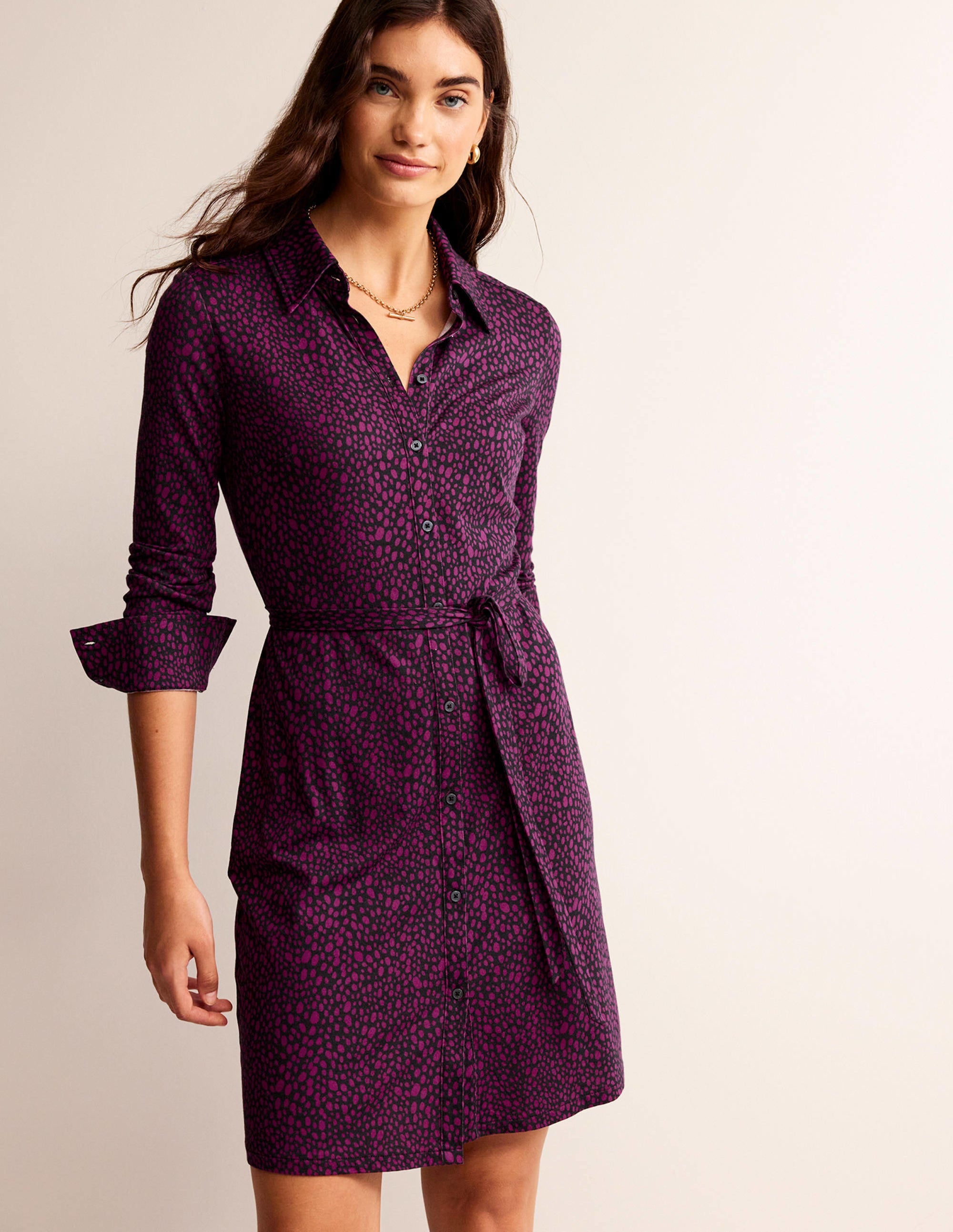 Jessie Jersey Shirt Dress-Damson Berry, Animal Spot - Image 4