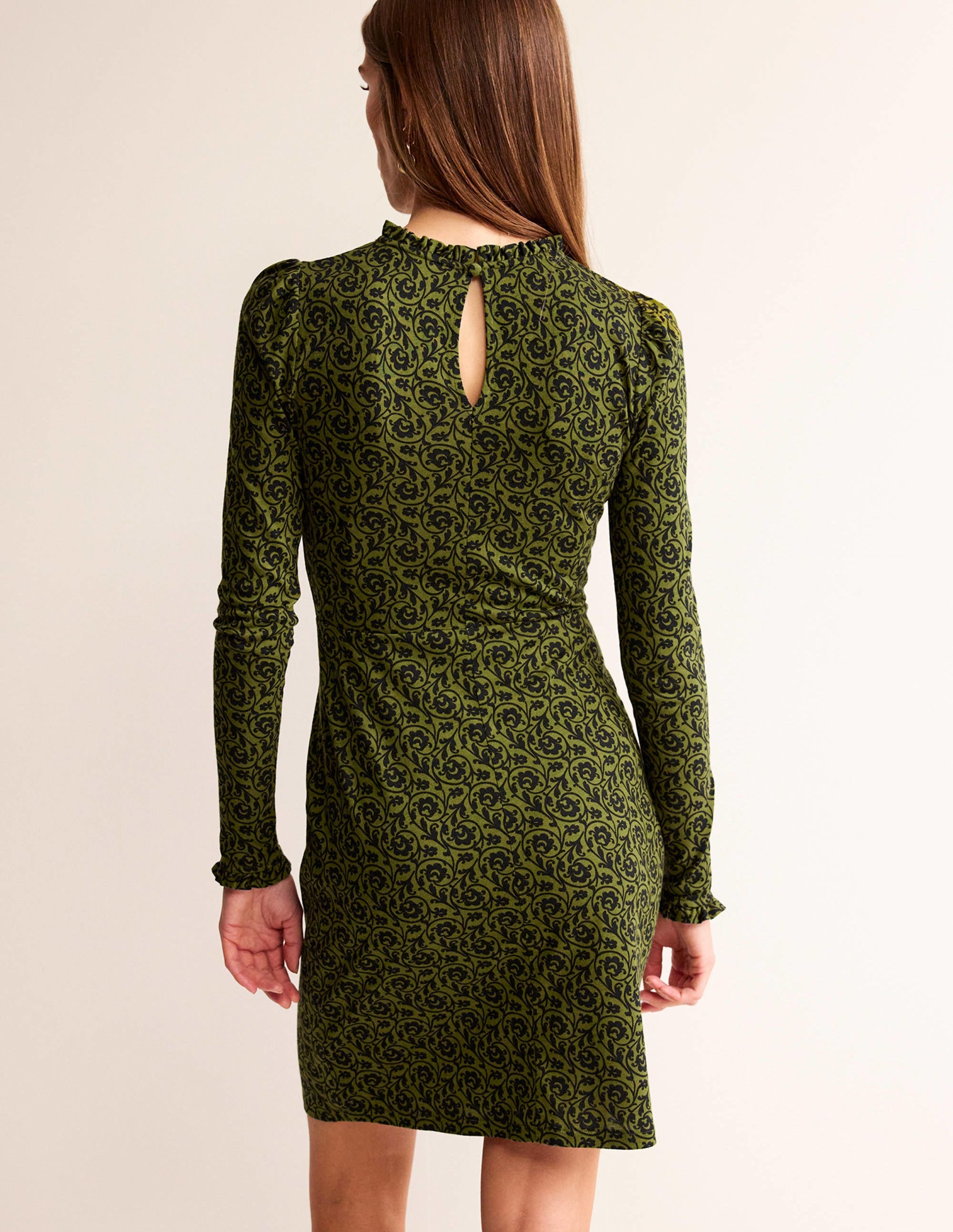 Frill-Detail Mini Dress-Olive Green, Primrose Swirl - Image 3