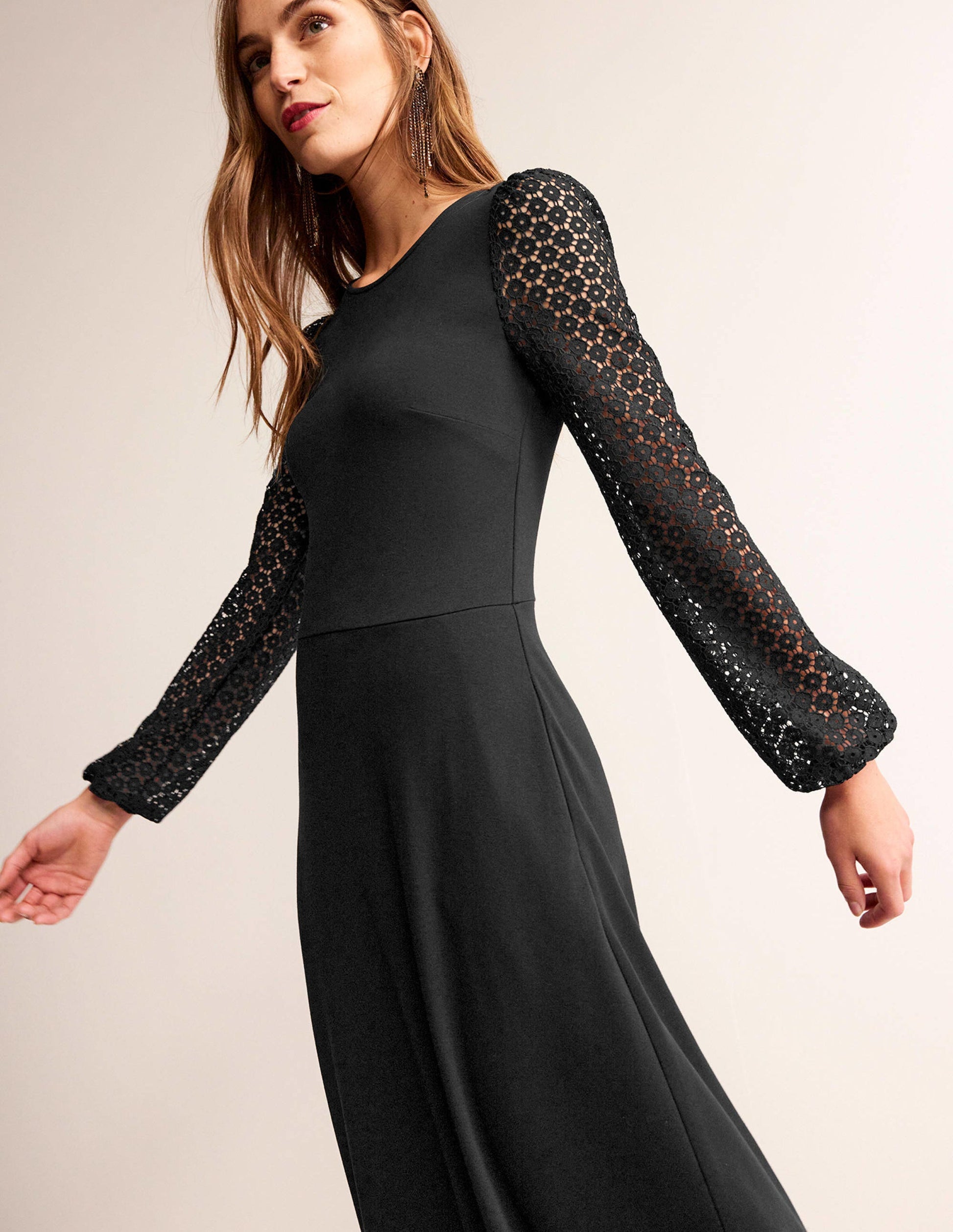 Sleeve Detail Midi Dress-Black-2