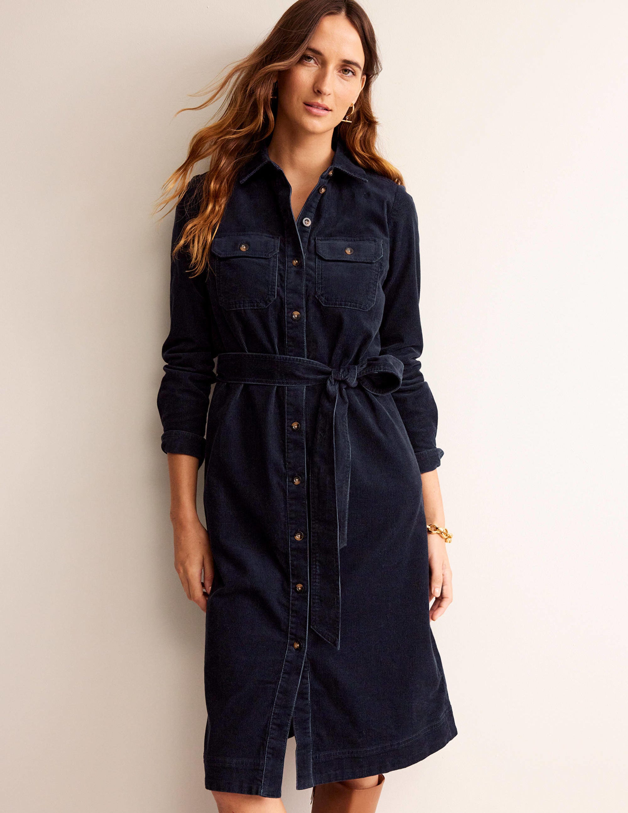 Eloise Cord Midi Shirt Dress-Navy - Image 1