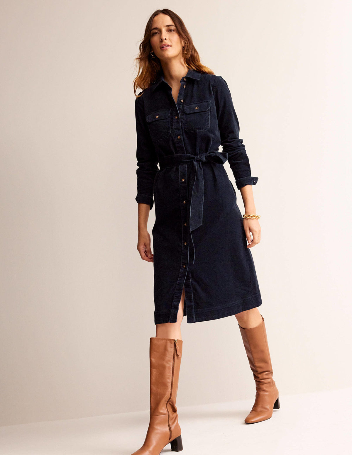 Eloise Cord Midi Shirt Dress-Navy-4
